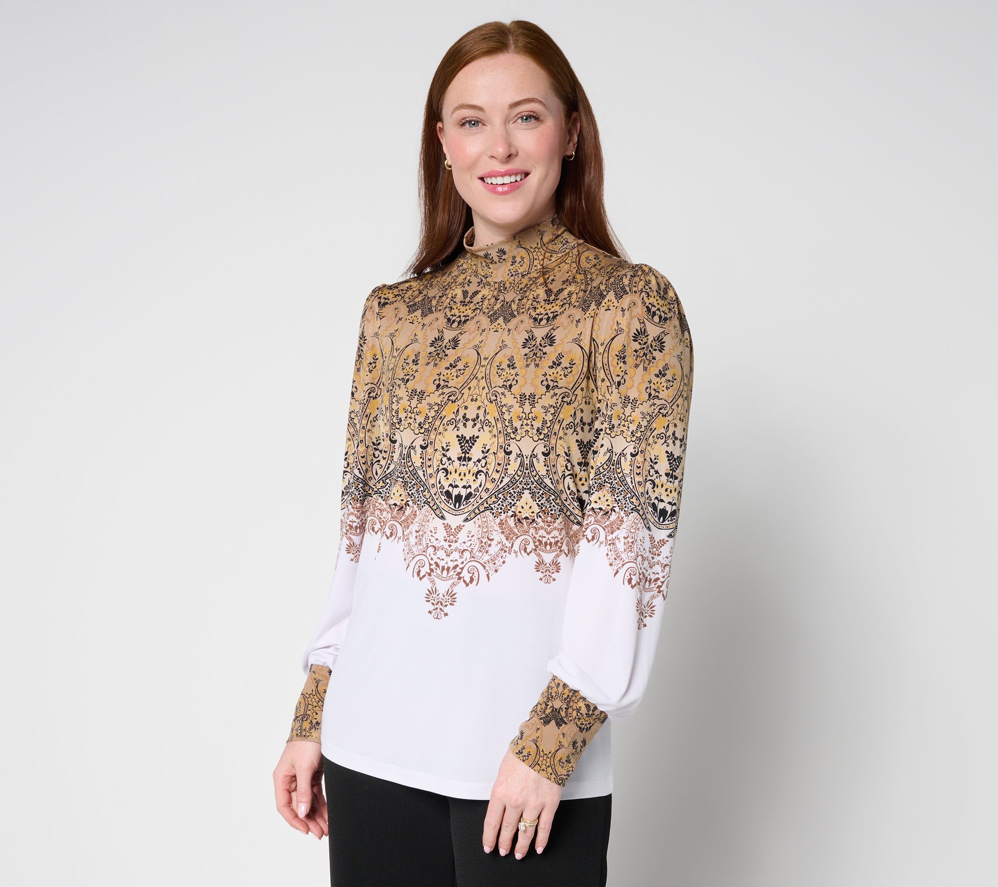 Susan Graver Printed Liquid Knit Mock Neck Top with Blouson Sleeves