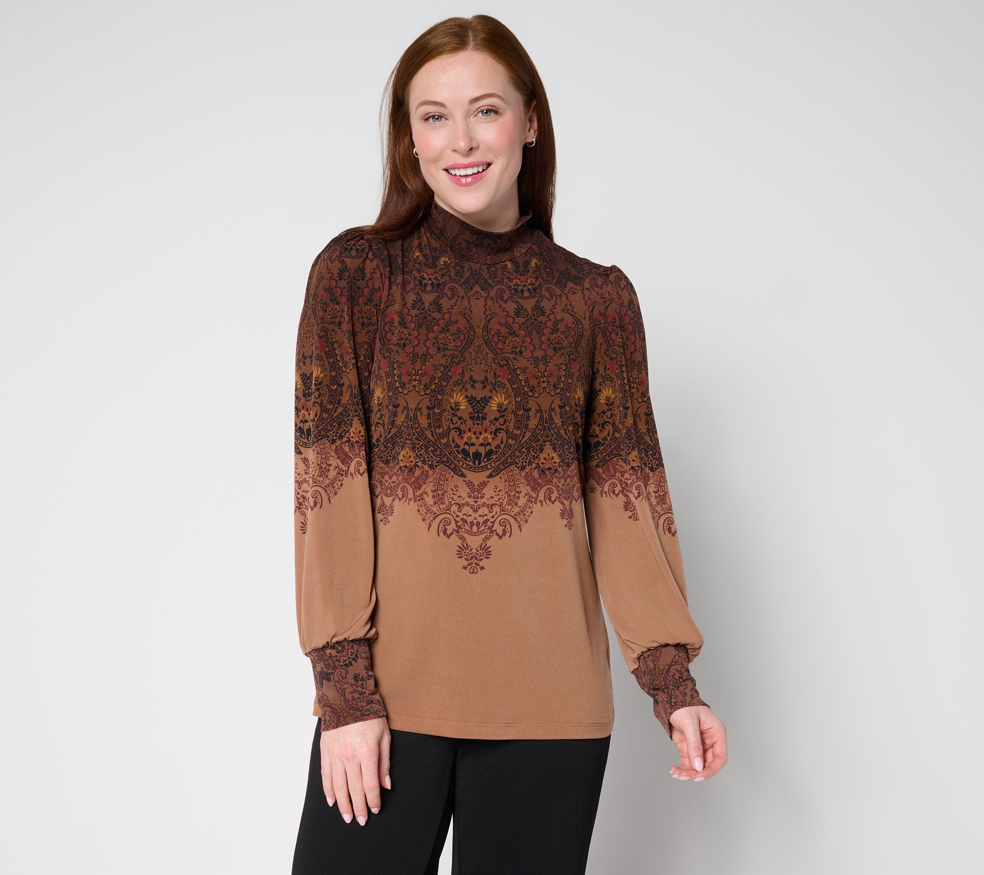 Susan Graver Printed Liquid Knit Mock Neck Top with Blouson Sleeves
