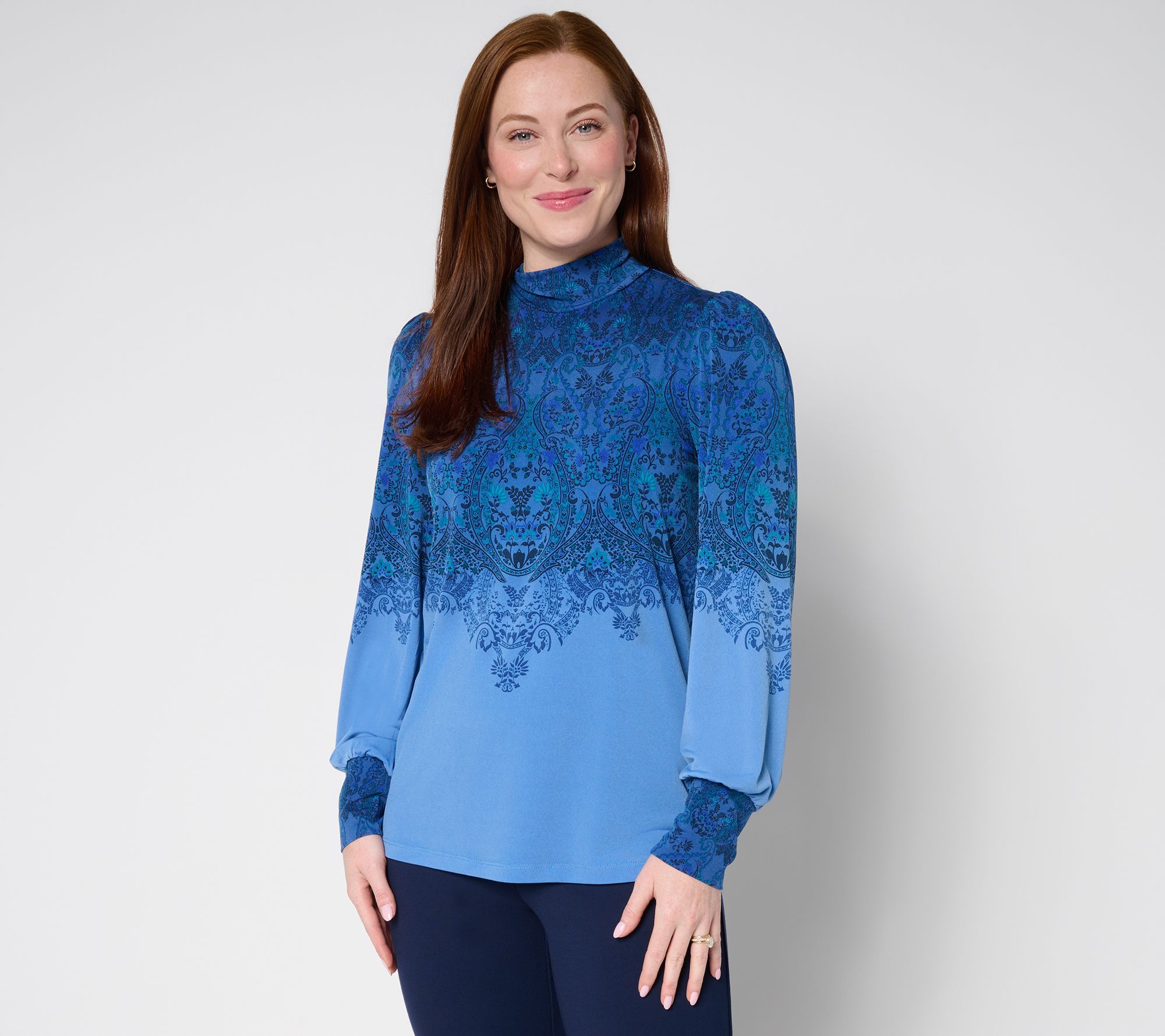 Susan Graver Printed Liquid Knit Mock Neck Top with Blouson Sleeves