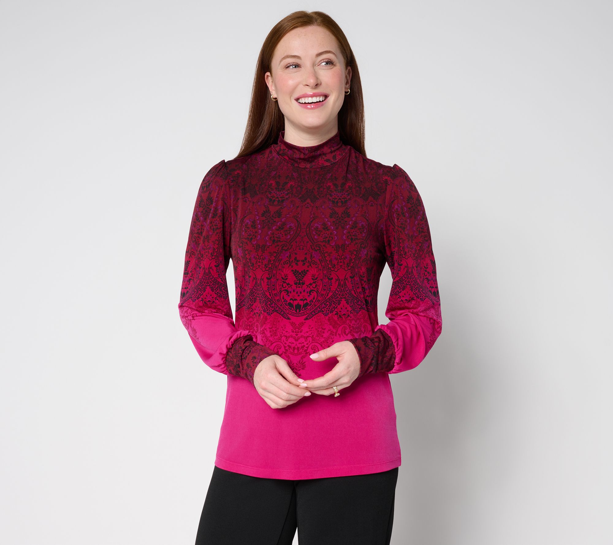 Susan Graver Printed Liquid Knit Mock Neck Top with Blouson Sleeves