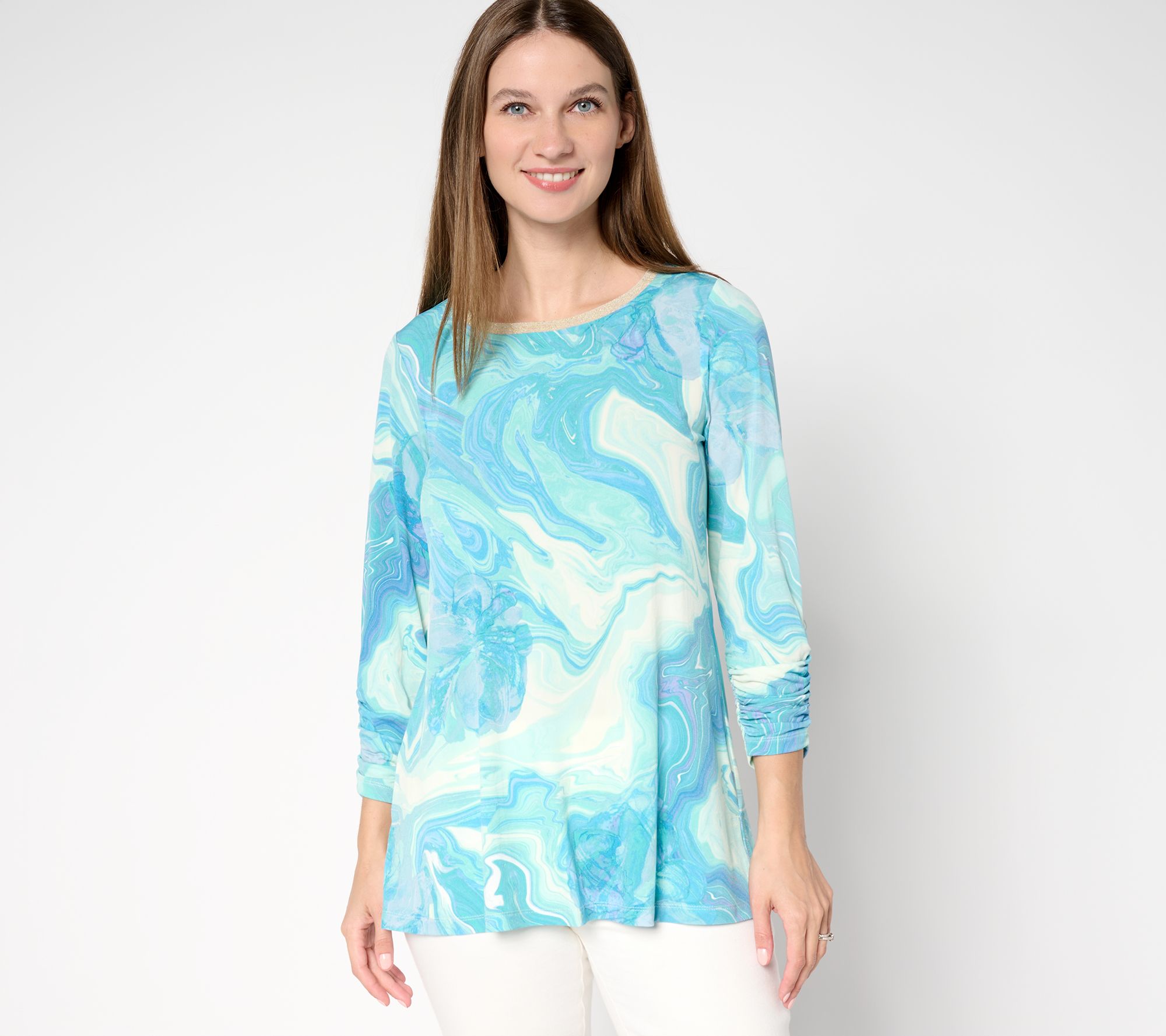 Susan Graver Printed Liquid Knit A-Line Tunic w/ Rib Neck