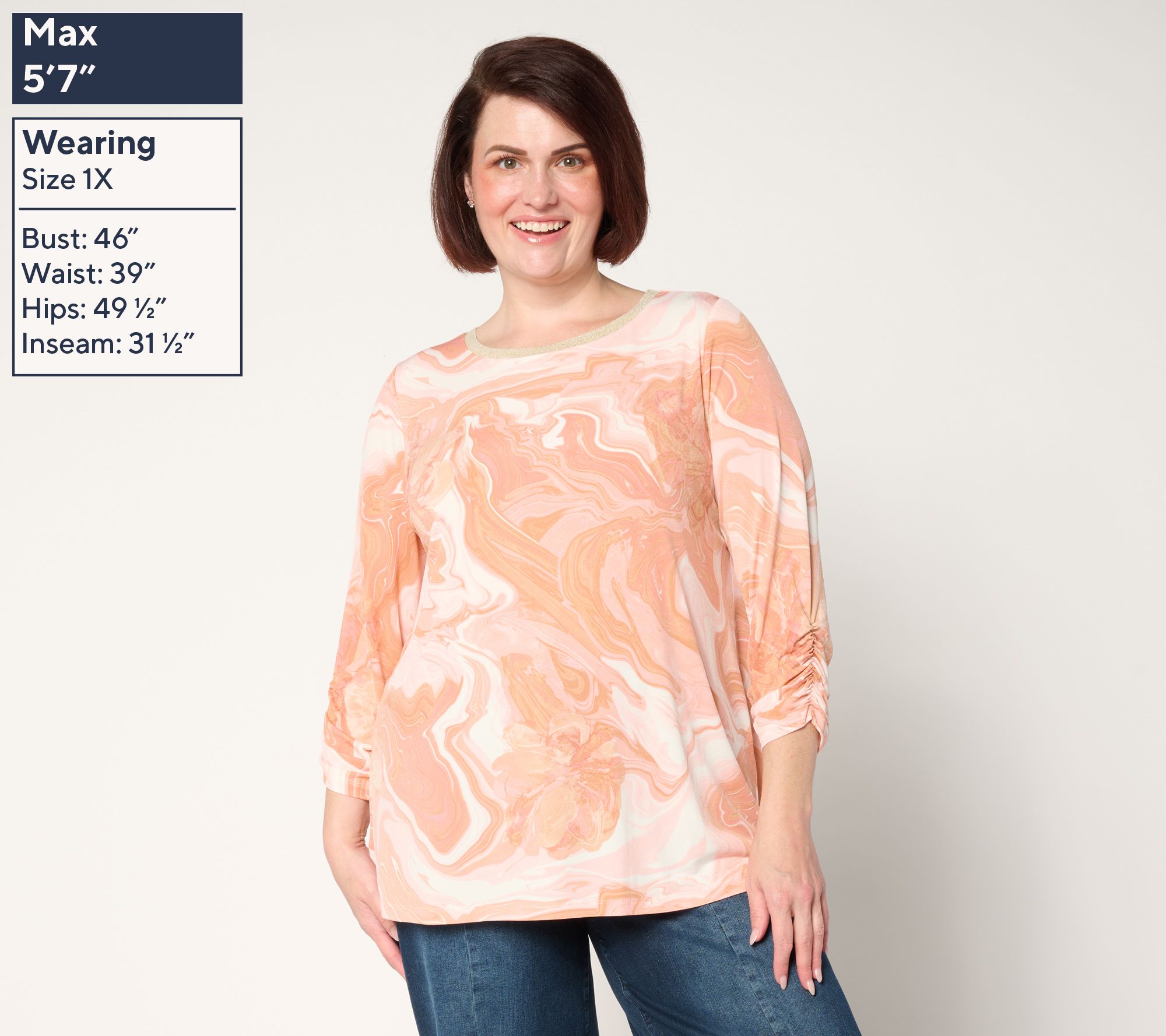 Susan Graver Printed Liquid Knit A-Line Tunic w/ Rib Neck Detail