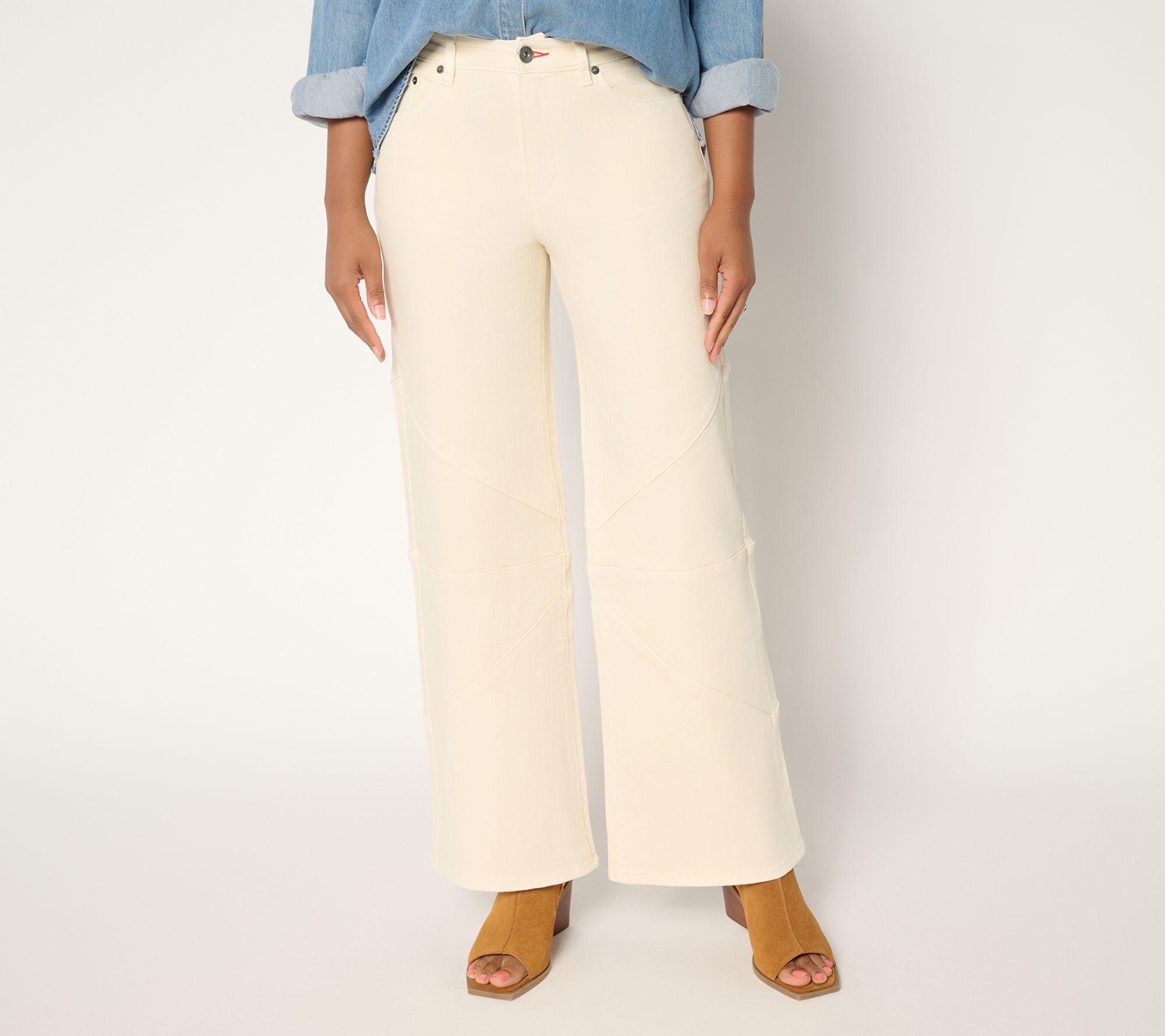 Peace Love World Petite Full Leg Jeans with Seamed Knee - Natural