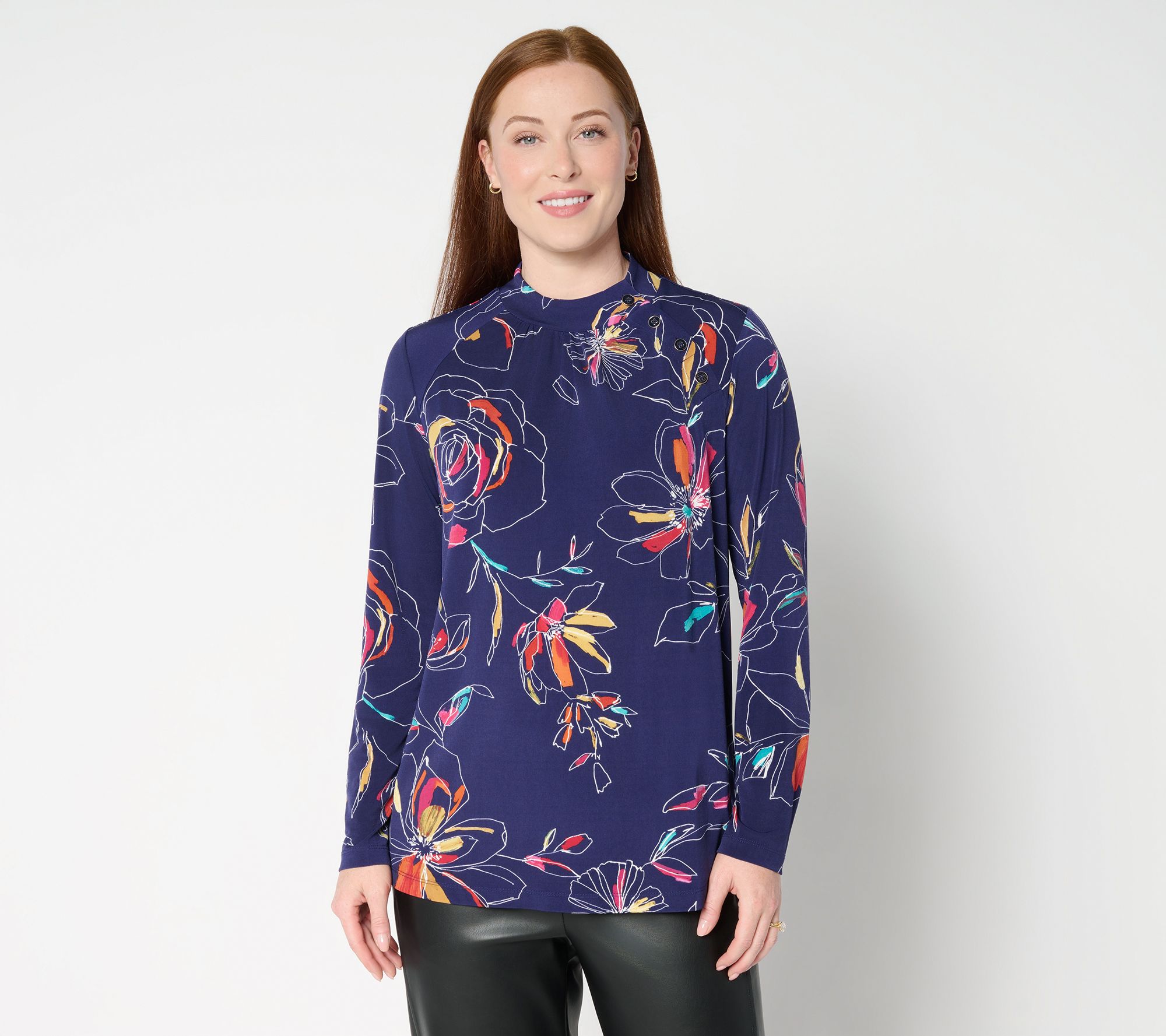 Susan Graver Printed Liquid Knit Long Slv Mock-Neck Top w