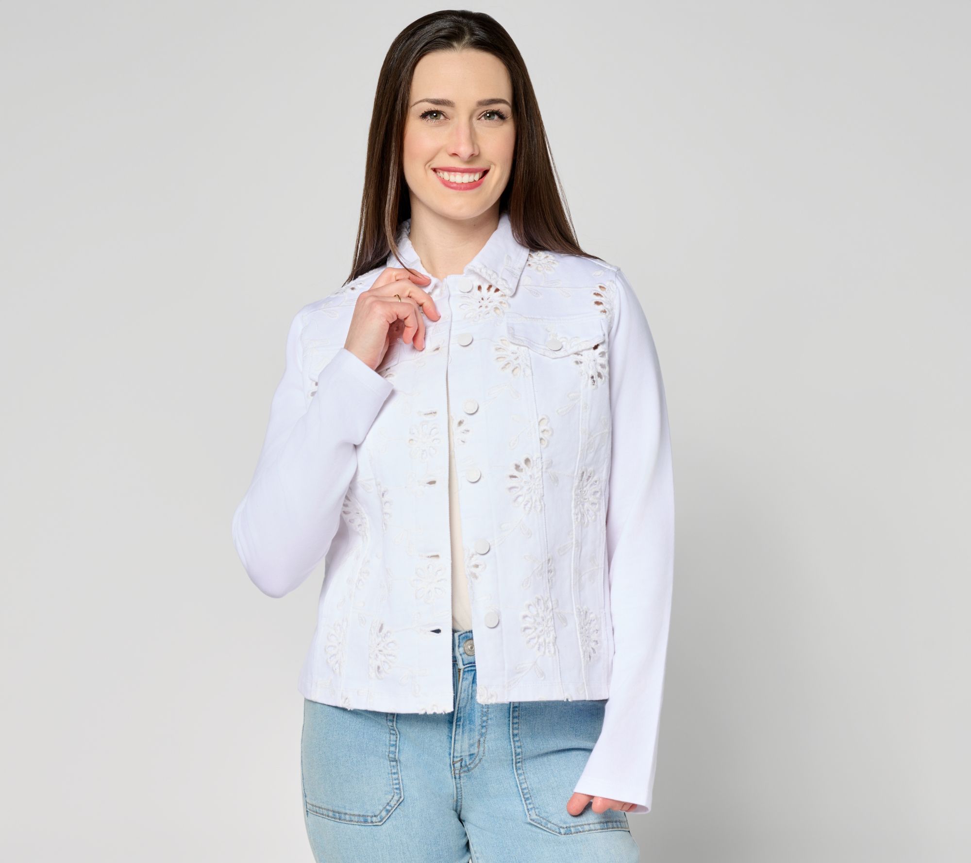 "As Is" Belle by Kim Gravel Eyelet Jacket with Knit Sleeves & Back