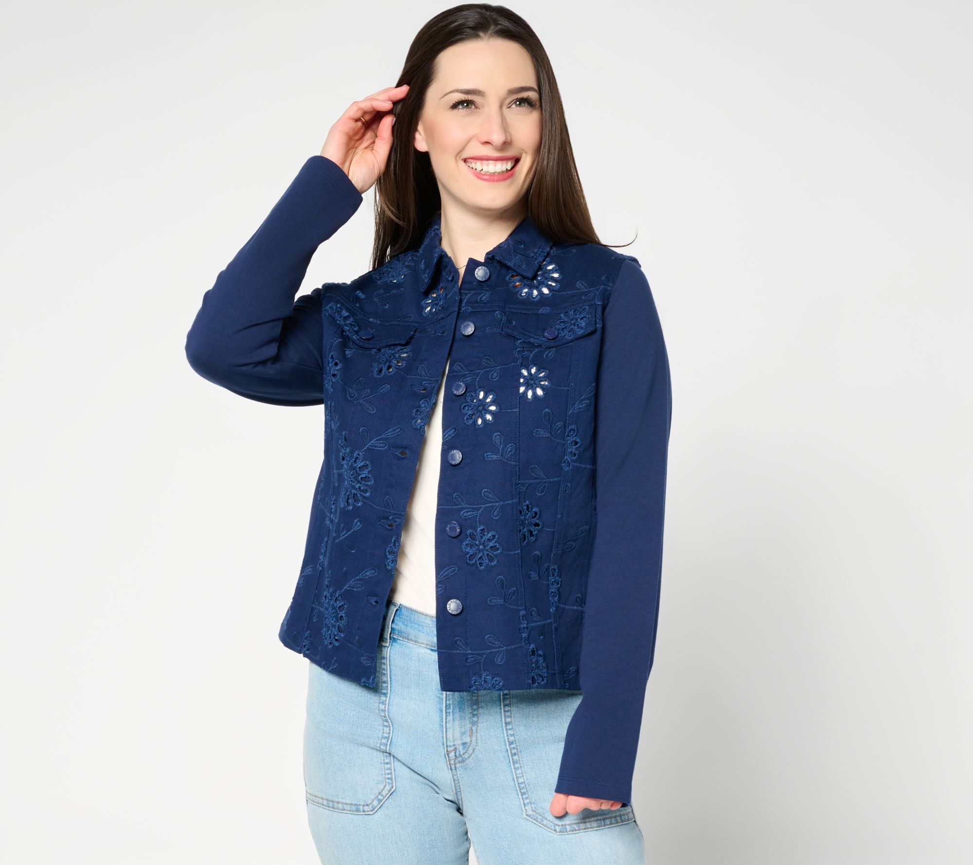 "As Is" Belle by Kim Gravel Eyelet Jacket with Knit Sleeves & Back
