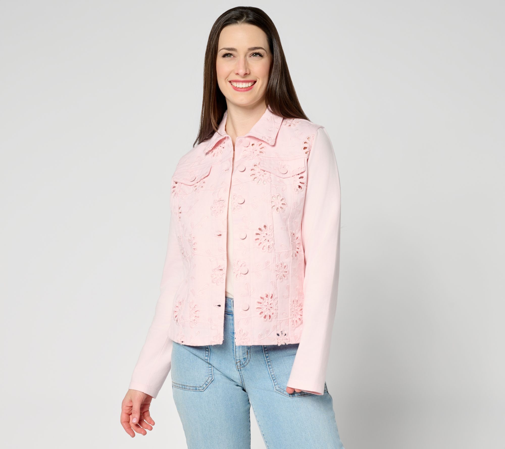 "As Is" Belle by Kim Gravel Eyelet Jacket with Knit Sleeves & Back