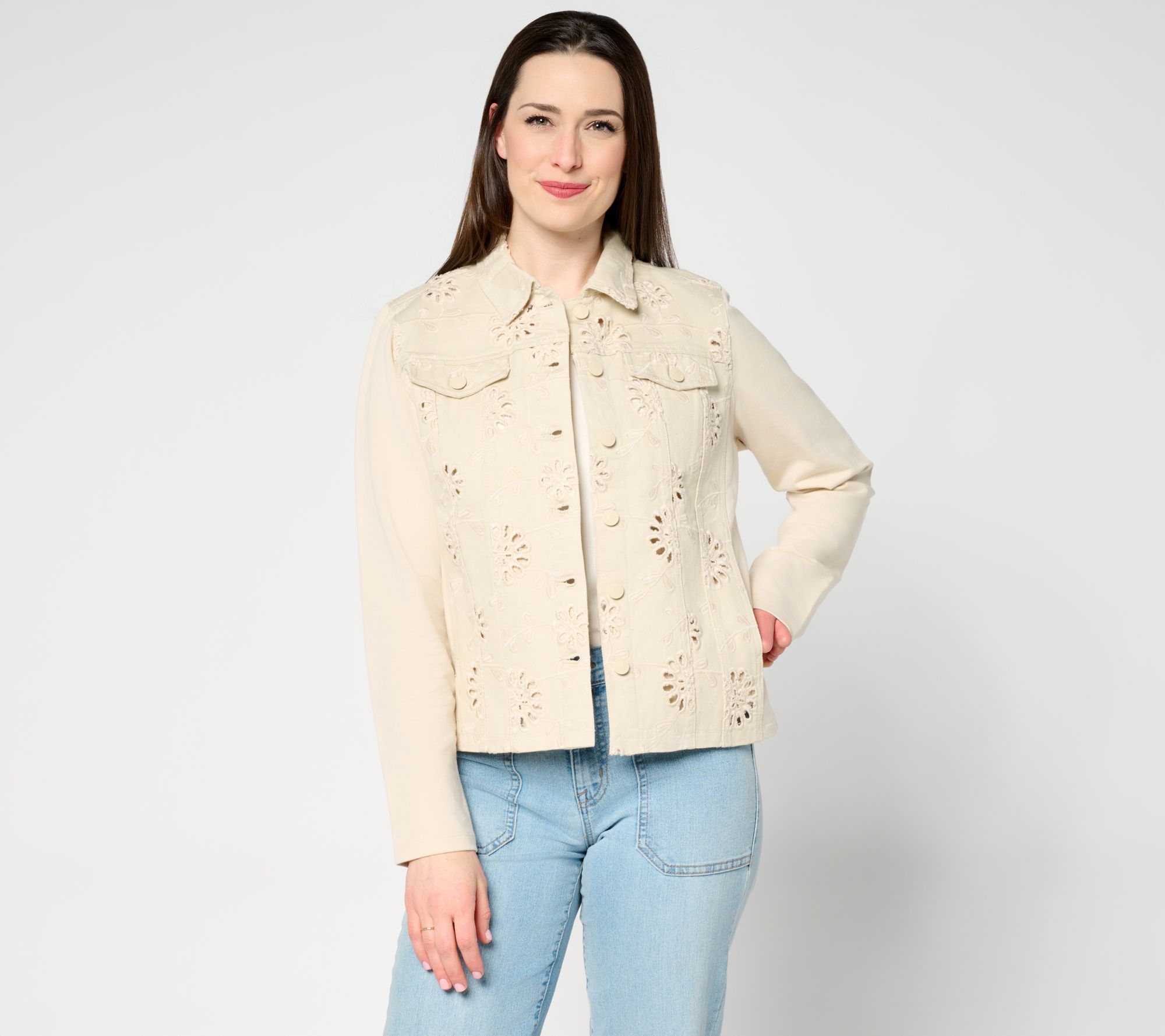 "As Is" Belle by Kim Gravel Eyelet Jacket with Knit Sleeves & Back