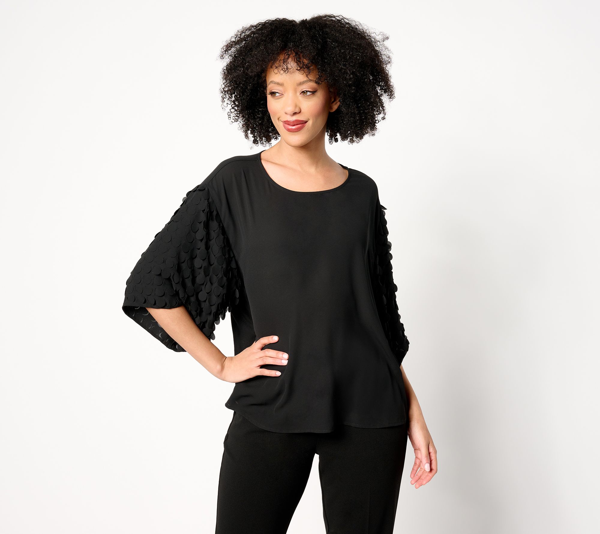 "As Is" Dennis Basso Woven Top with Paillette Sleeves