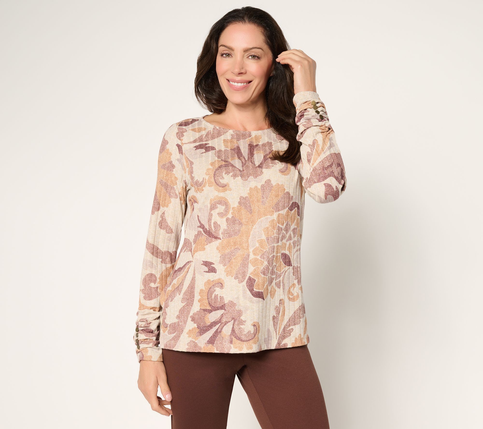 Susan Graver Printed Ribbed Knit with Lurex Bateau Neck Top