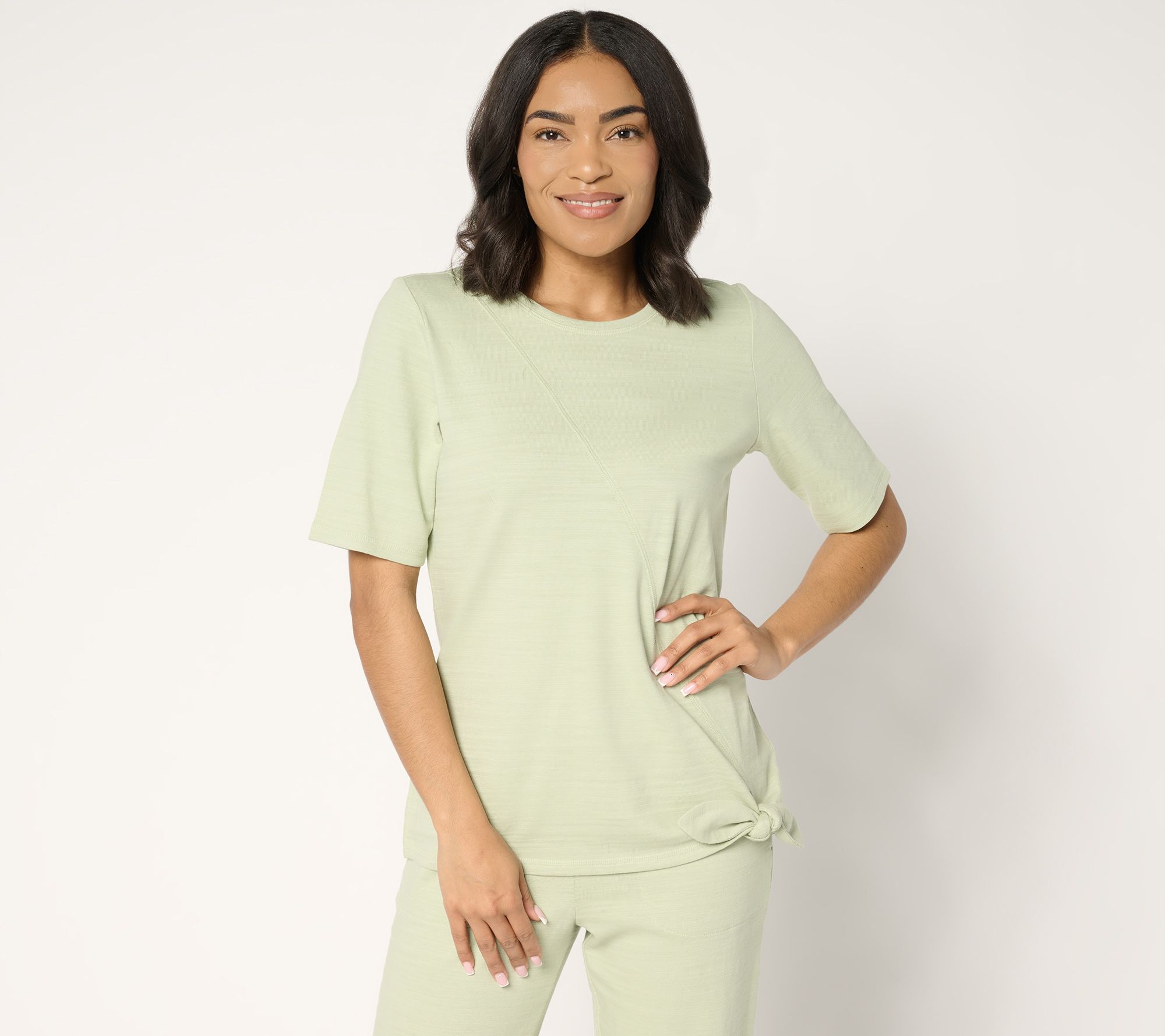 "As Is" Denim & Co. Active Textured Cotton Elbow Sleeve Top w/Keyhole