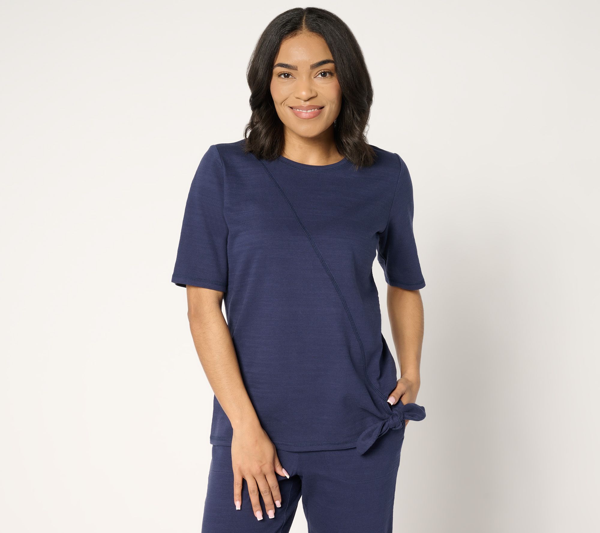 "As Is" Denim & Co. Active Textured Cotton Elbow Sleeve Top w/Keyhole