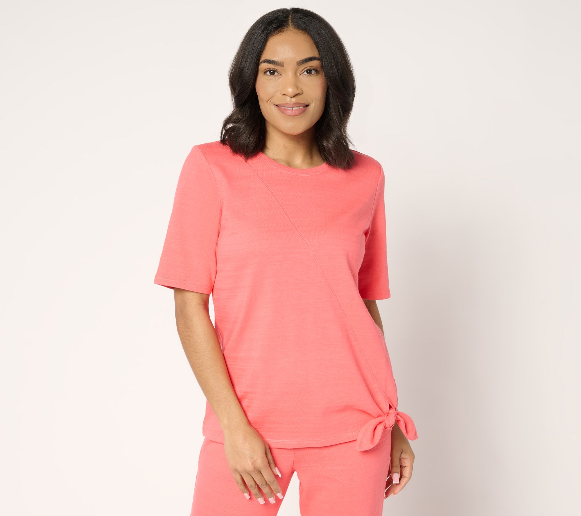 "As Is" Denim & Co. Active Textured Cotton Elbow Sleeve Top w/Keyhole