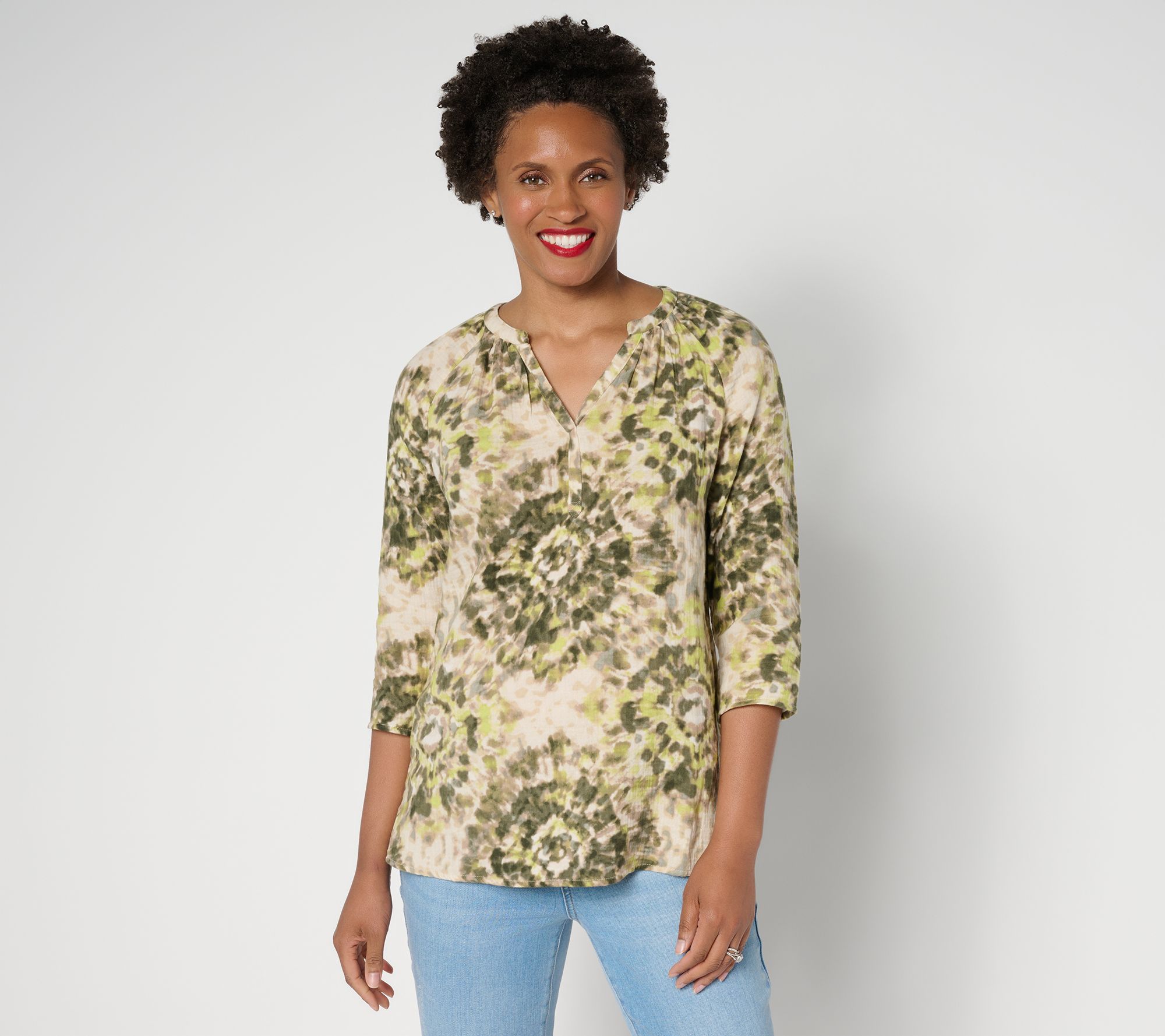 "As Is" Belle by Kim Gravel Summer Sunset Cotton Gauze Tie Dye Henley