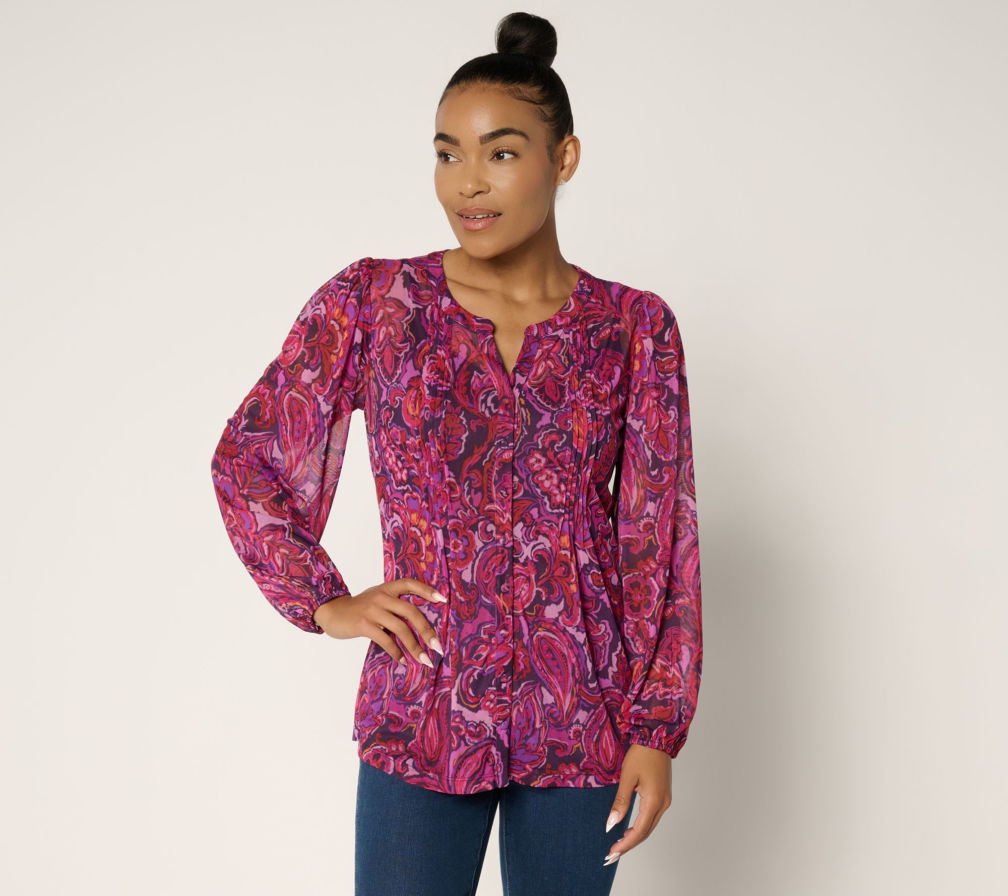 "As Is" Susan Graver Printed Split Neck Button Front Top w/Tank