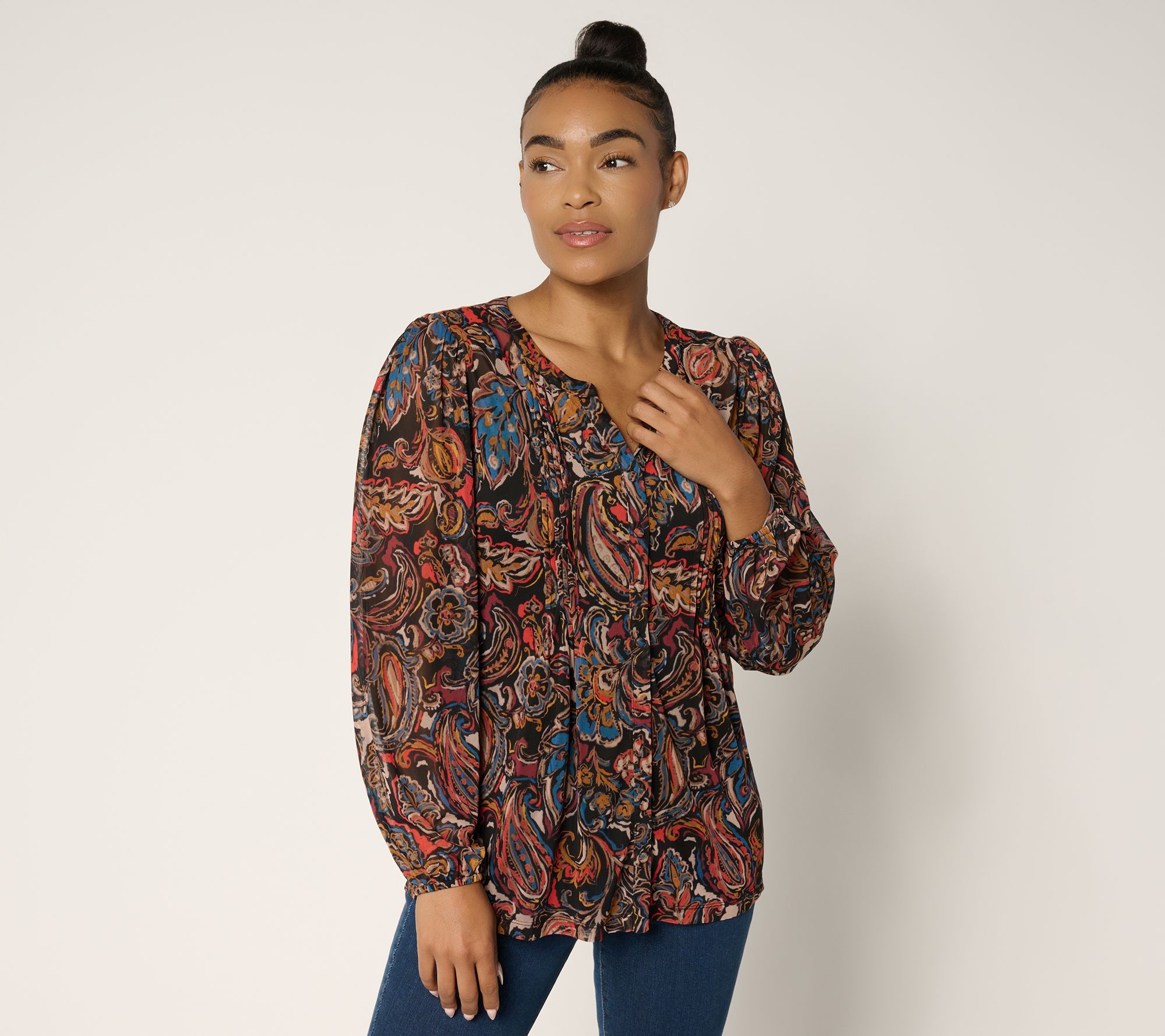 "As Is" Susan Graver Printed Split Neck Button Front Top w/Tank