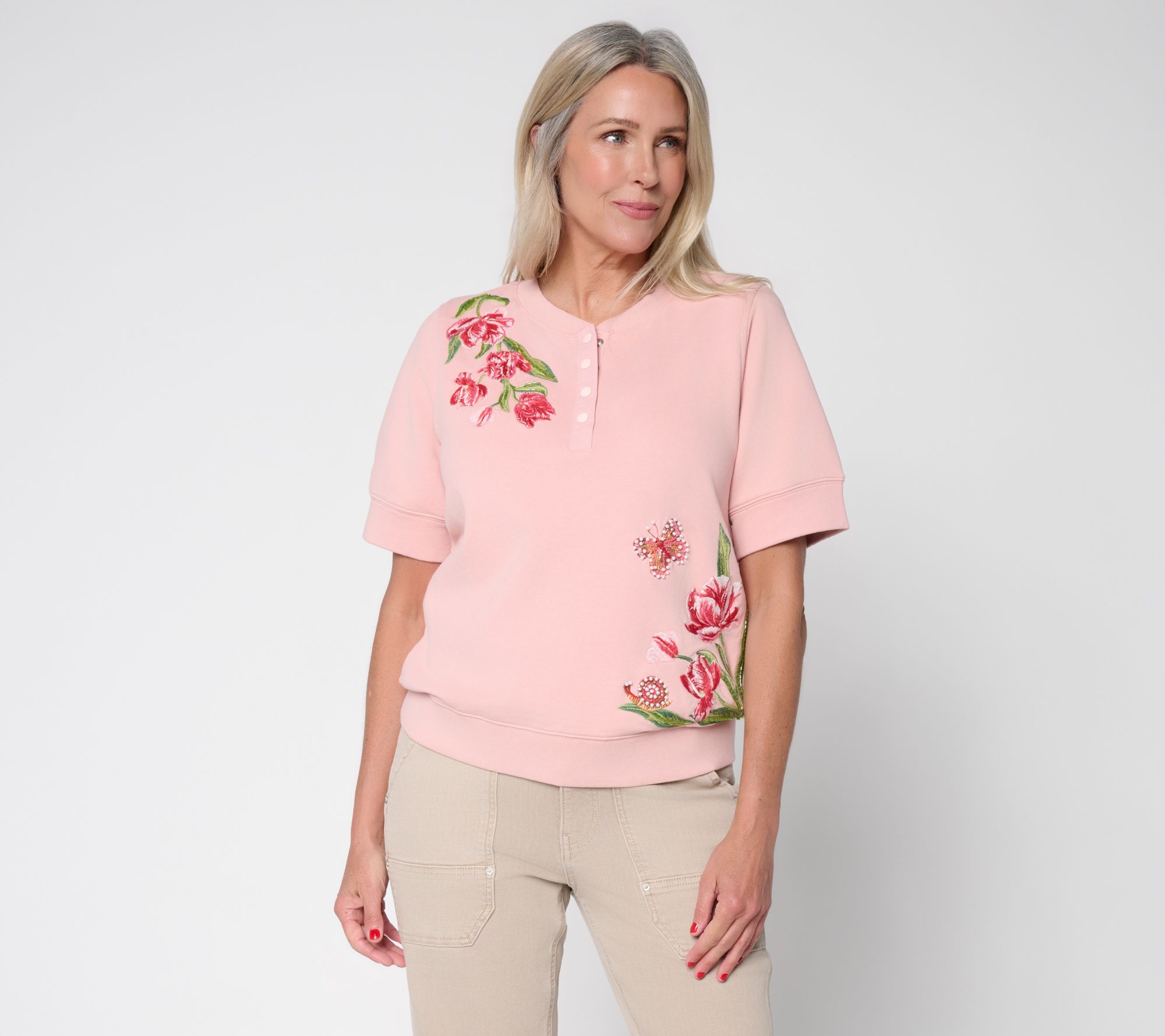Driftwood Jeans Short Sleeve Henley Top - Twirly Tulips