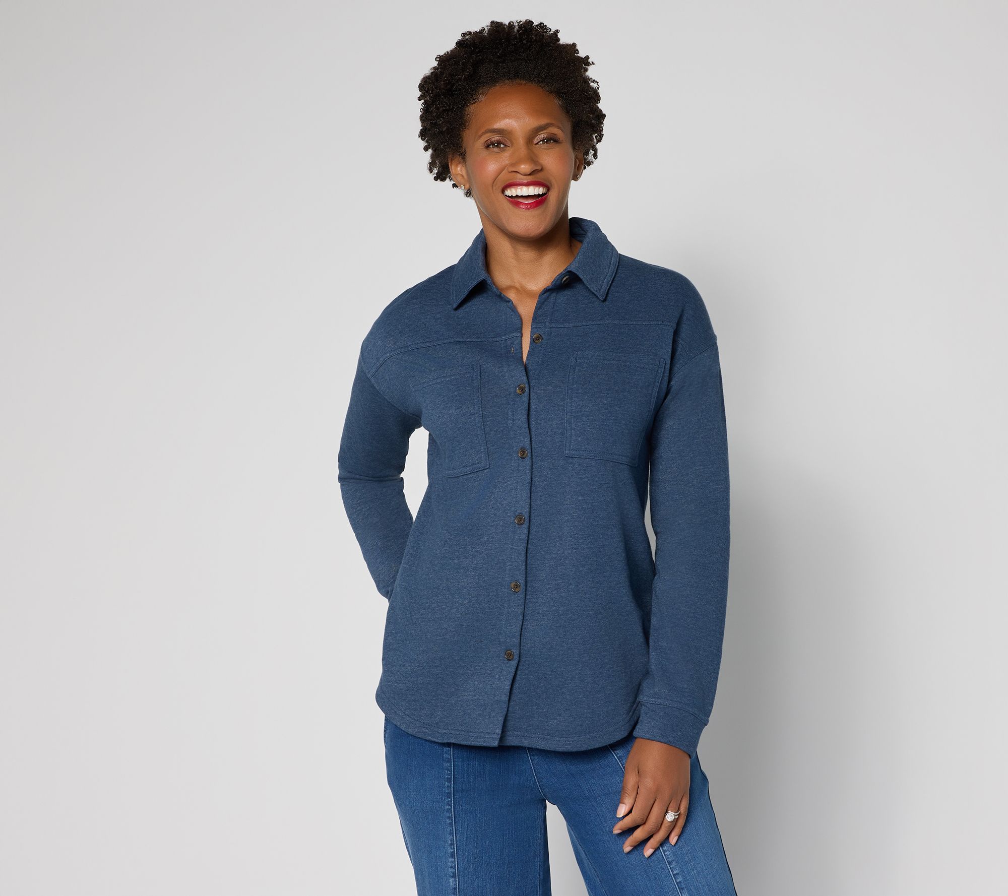 "As Is" Cuddl Duds Denim Wash Knit Button Down Shacket