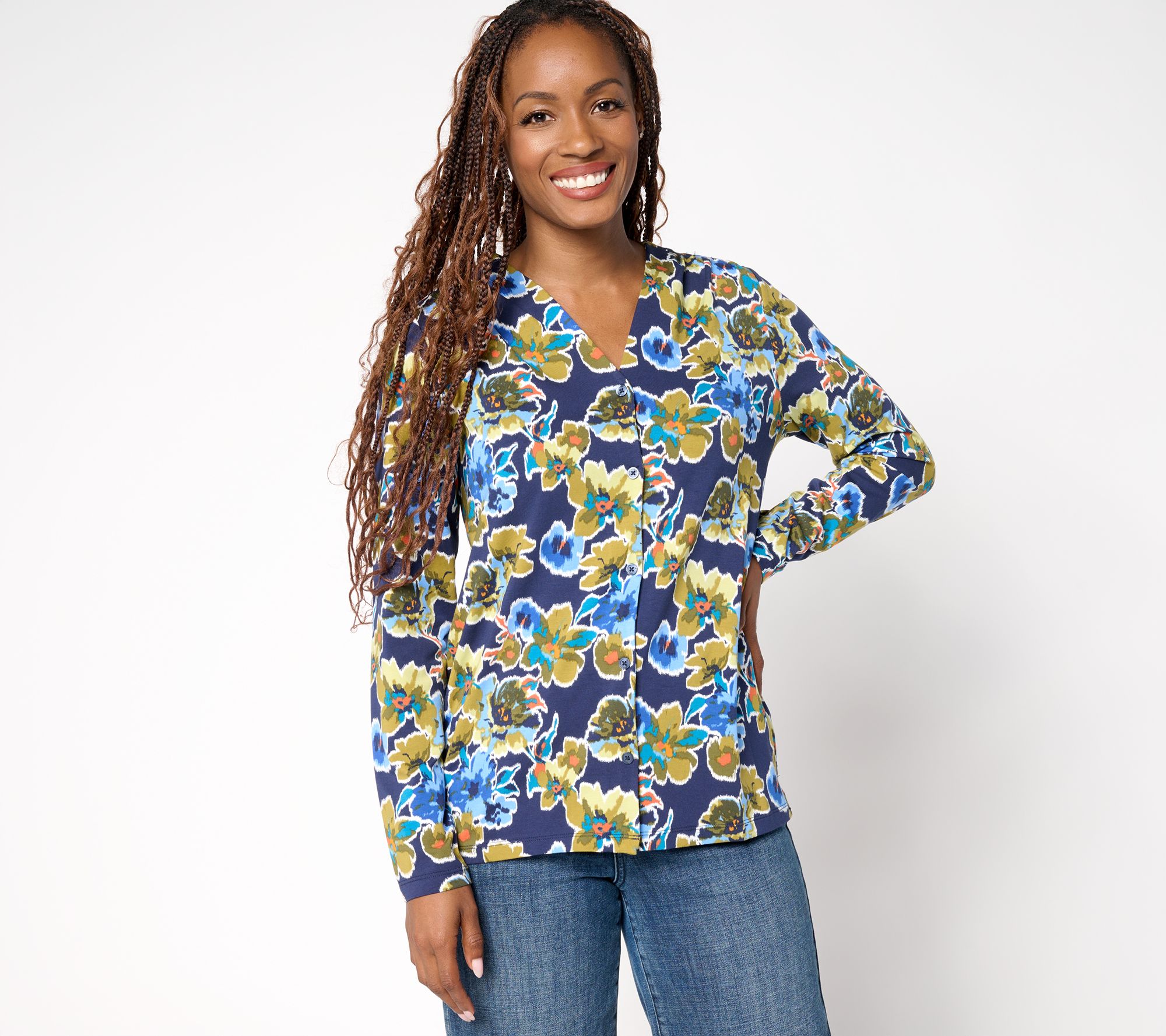 "As Is" Denim & Co. Printed Favorite Jersey V-Neck Top