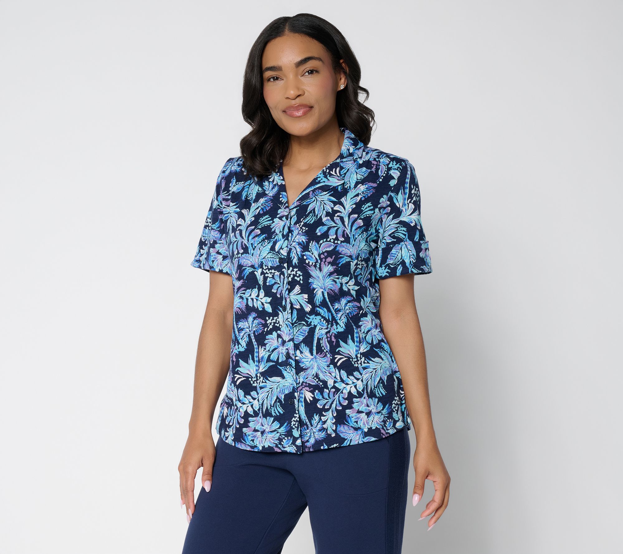Denim & Co. Printed Linen Blend Button Front Top