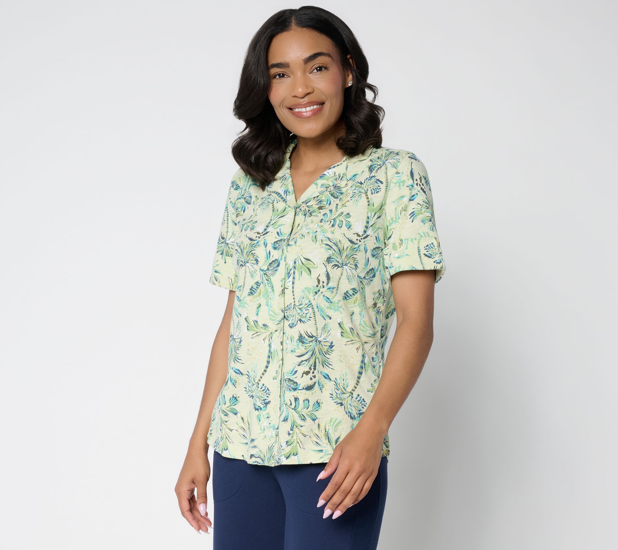 Denim & Co. Printed Linen Blend Button Front Top