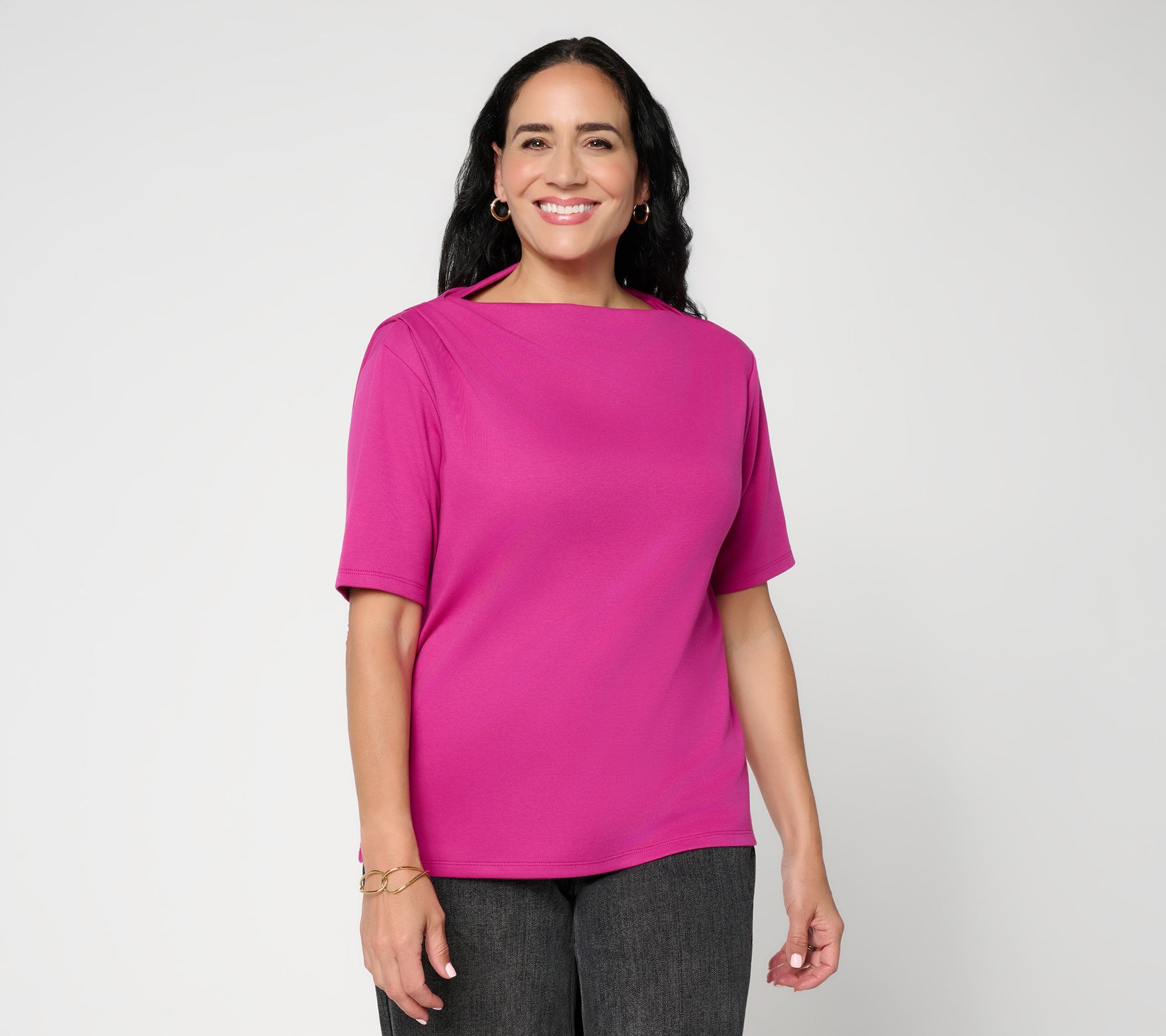 新品未使用 CARLA Lady shoulder T blouse Carla Rockmore Collection 100% Cotton Ruched Shoulder Tee - QVC.com