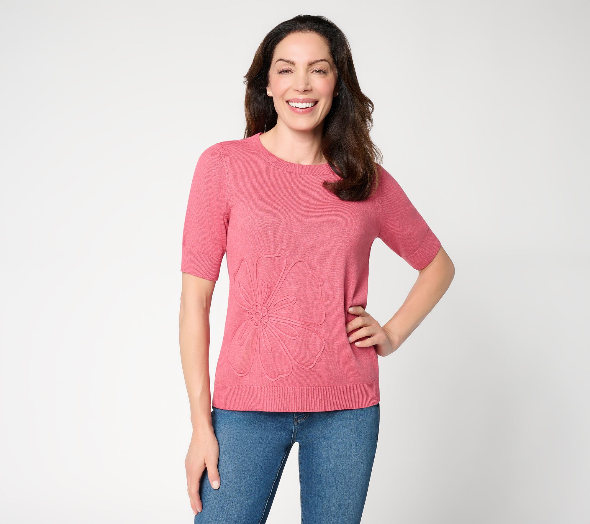 Susan Graver Crewneck Short Sleeve Soutache Detail Sweater