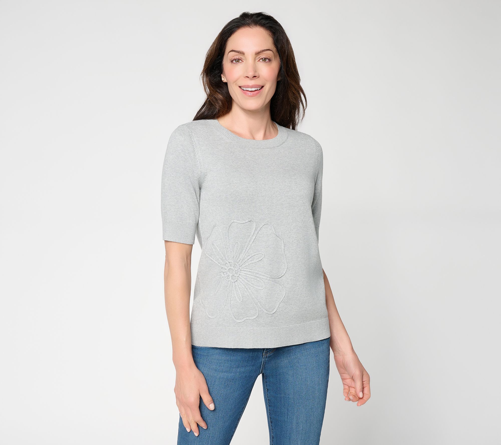 Susan Graver Crewneck Short Sleeve Soutache Detail Sweater