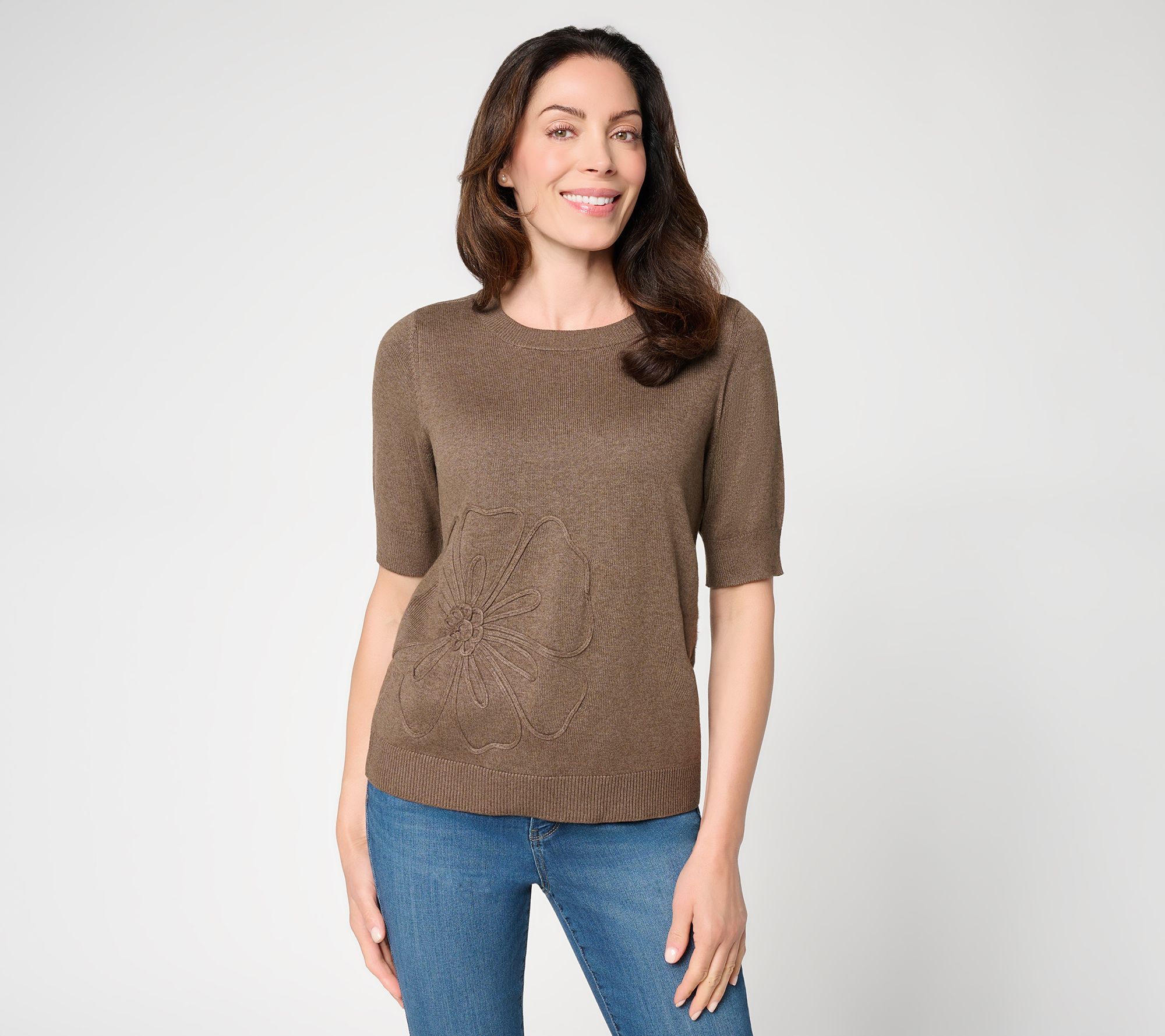 Susan Graver Crewneck Short Sleeve Soutache Detail Sweater
