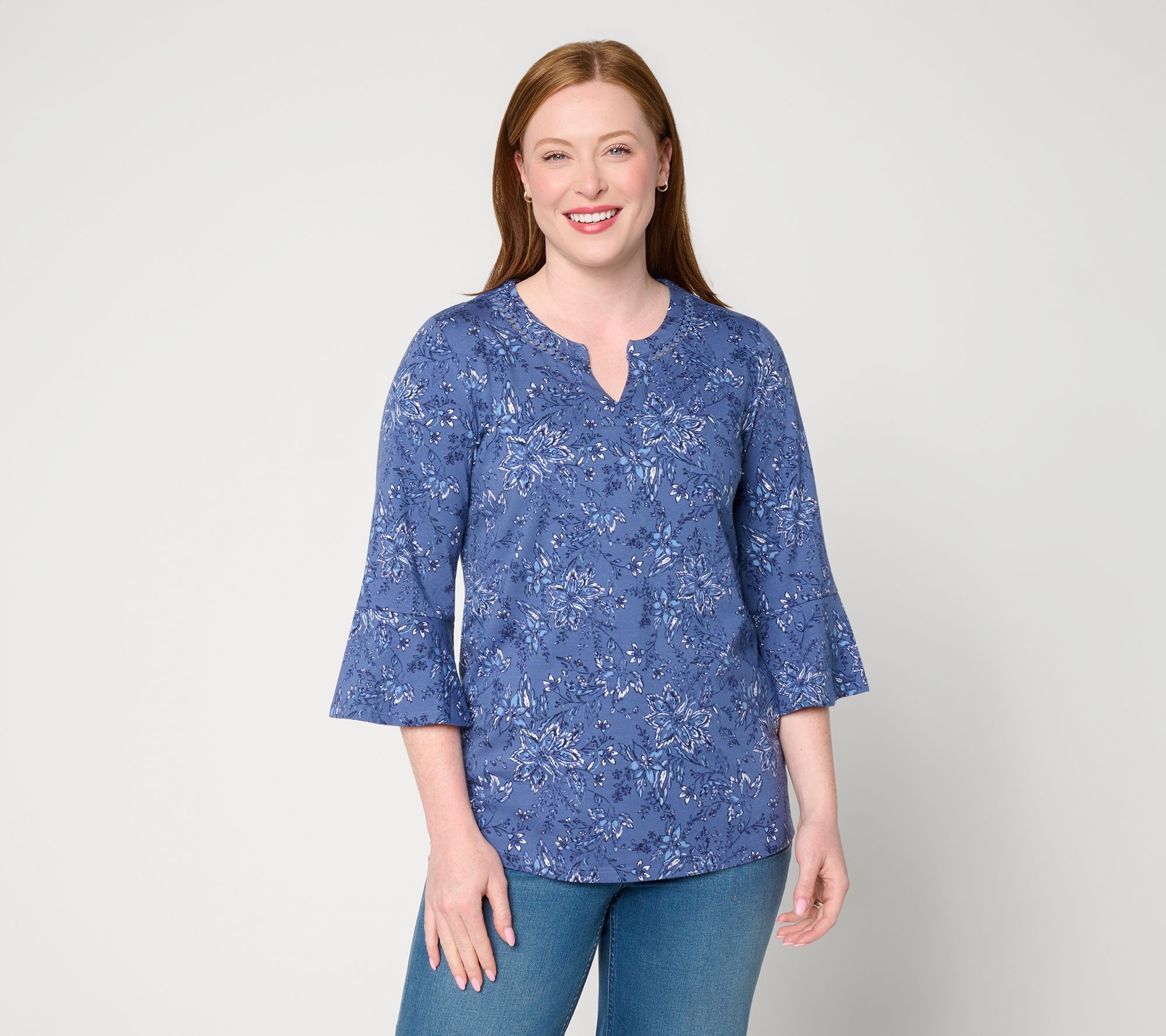 Denim & Co. Printed Favorite Jersey 3/4 Bell Sleeve Top