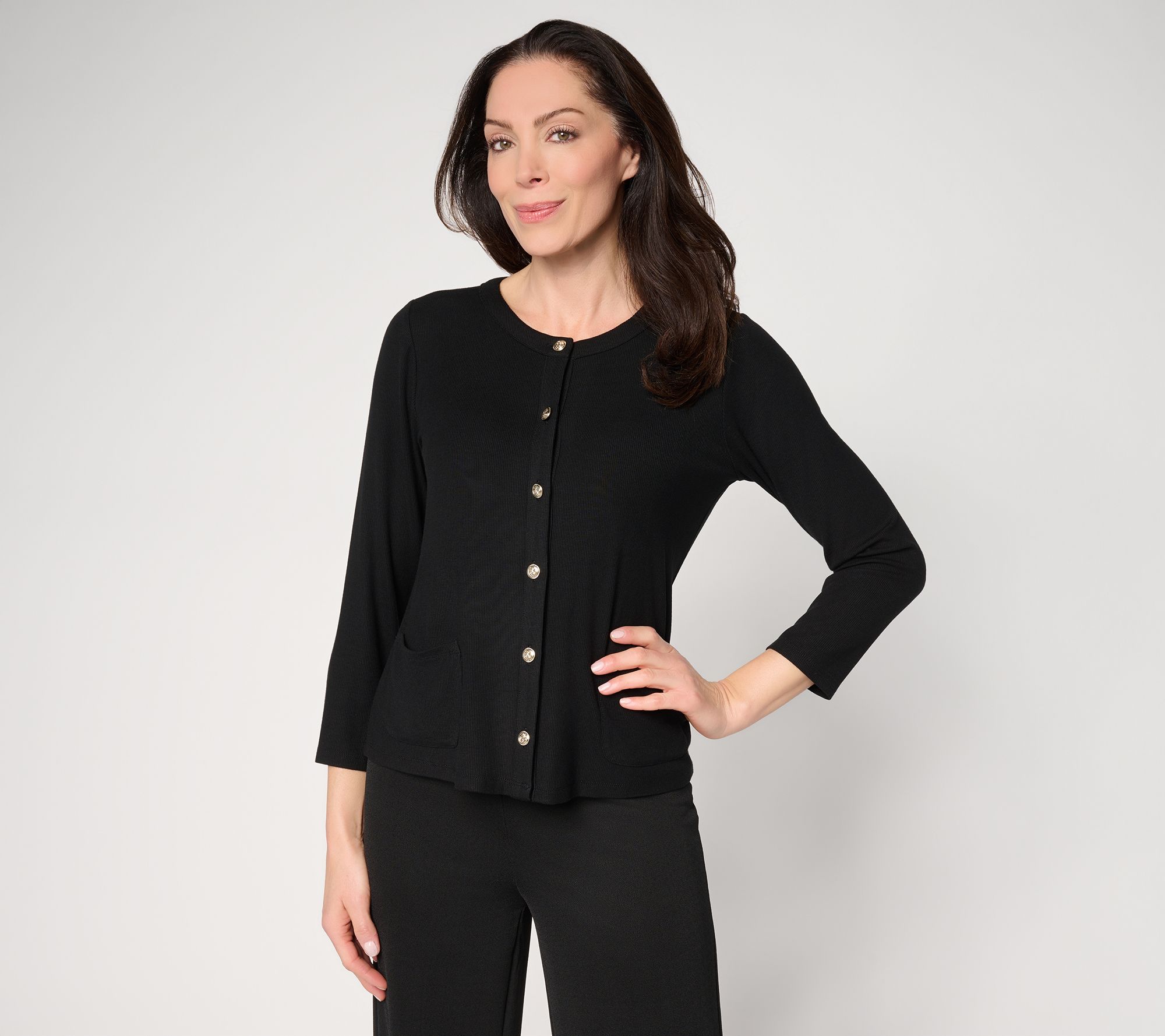 "As Is" Susan Graver Rib Knit 3/4 Sleeve Button Front Cardigan