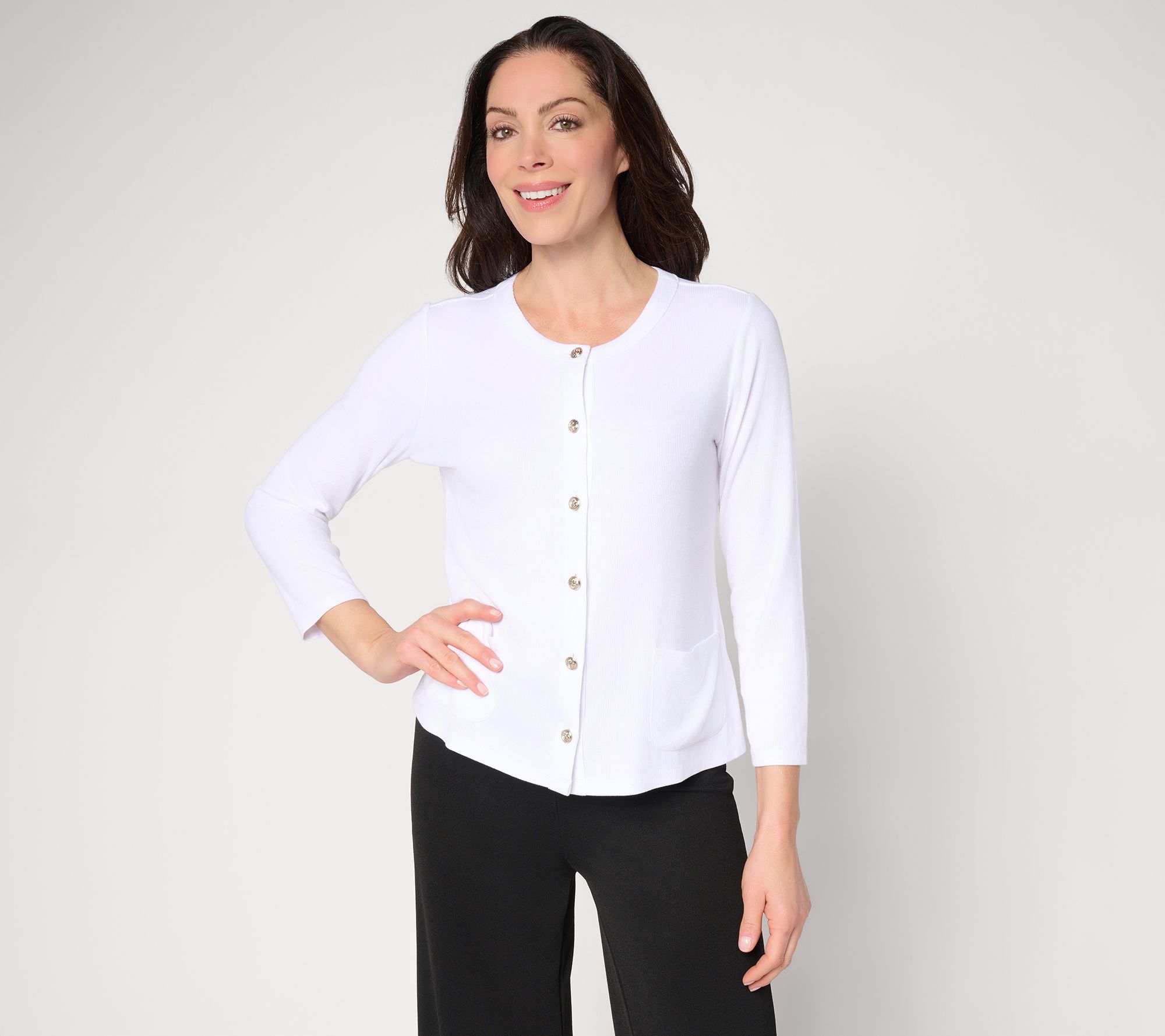 "As Is" Susan Graver Rib Knit 3/4 Sleeve Button Front Cardigan