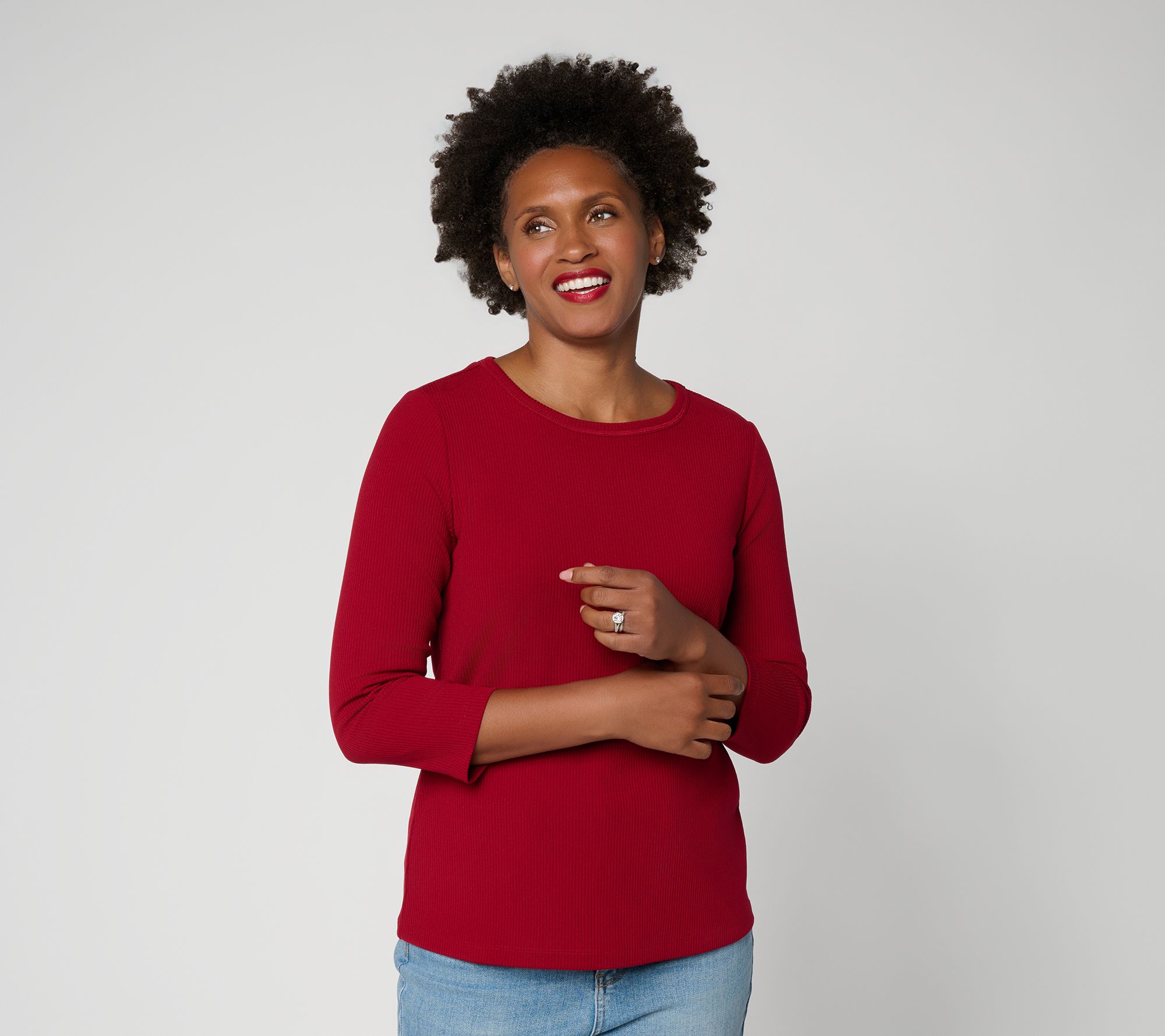 Susan Graver Rib Knit Crew Neck 3/4 Sleeve Top
