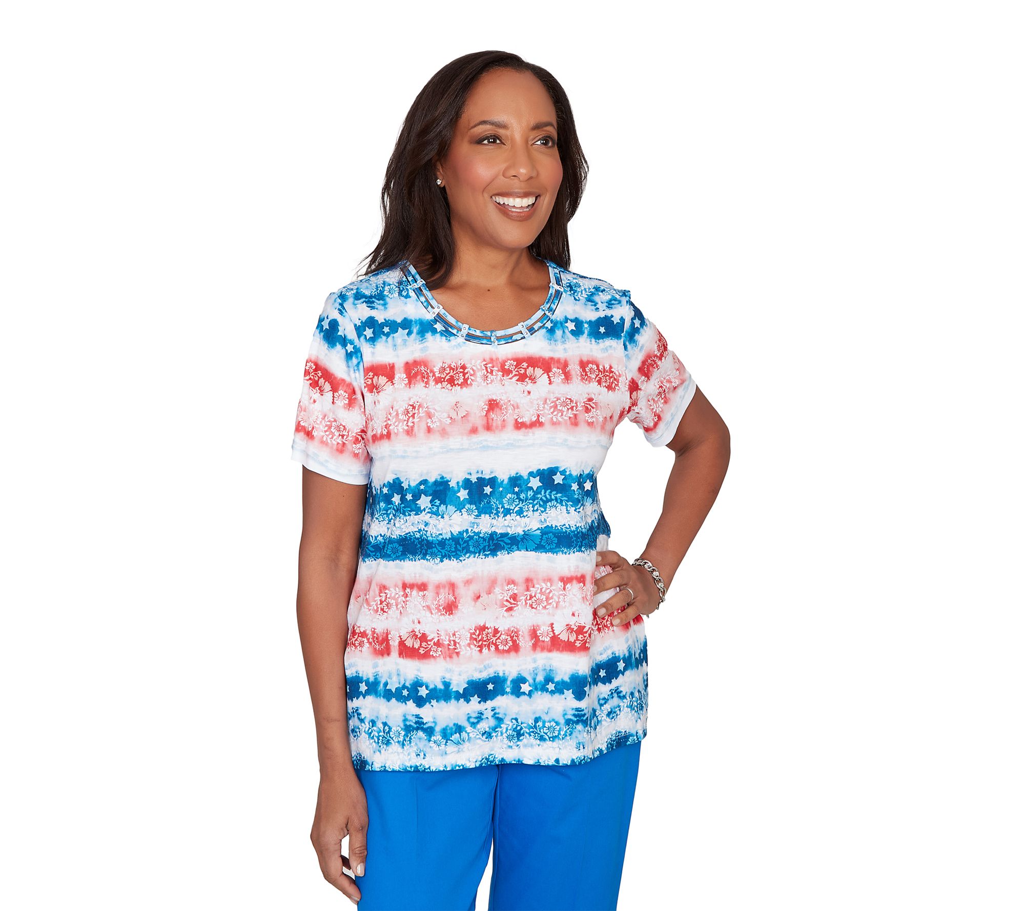 Alfred Dunner Women's Petite Americana Tie DyeStripes Tee