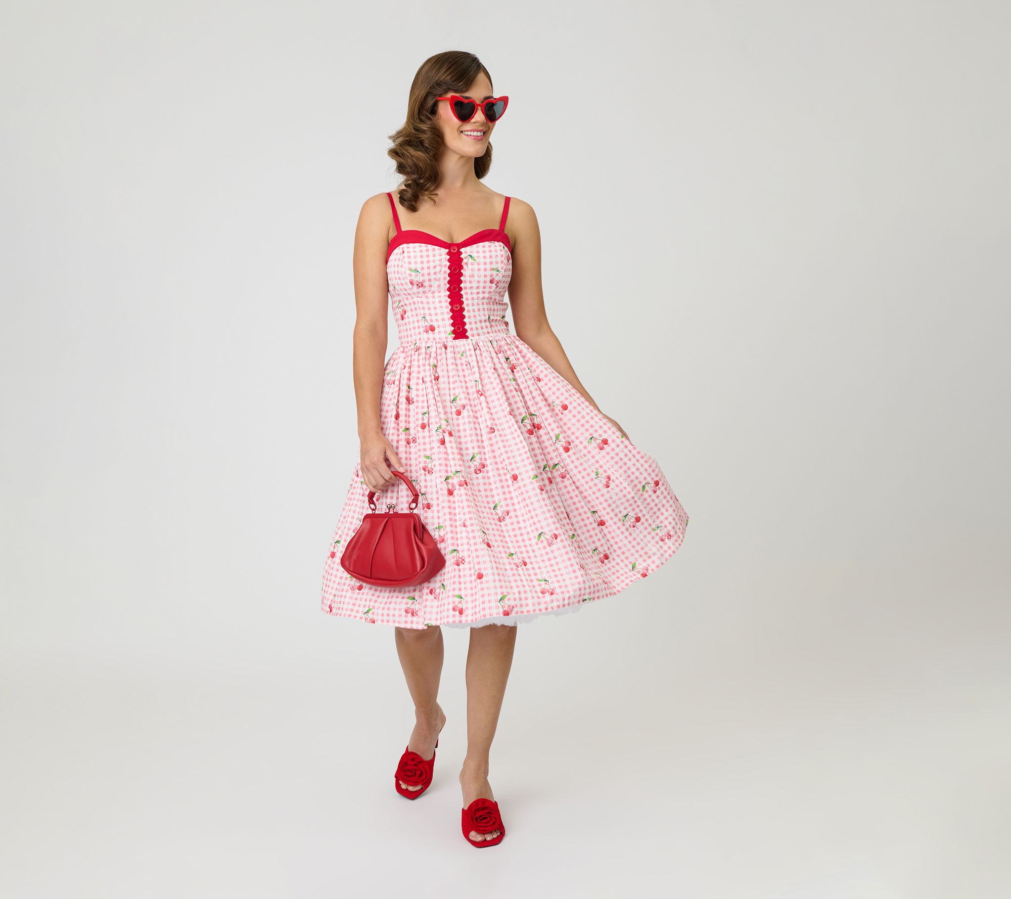 Unique Vintage Red Gingham & Cherries Sweetheart Swing Dress