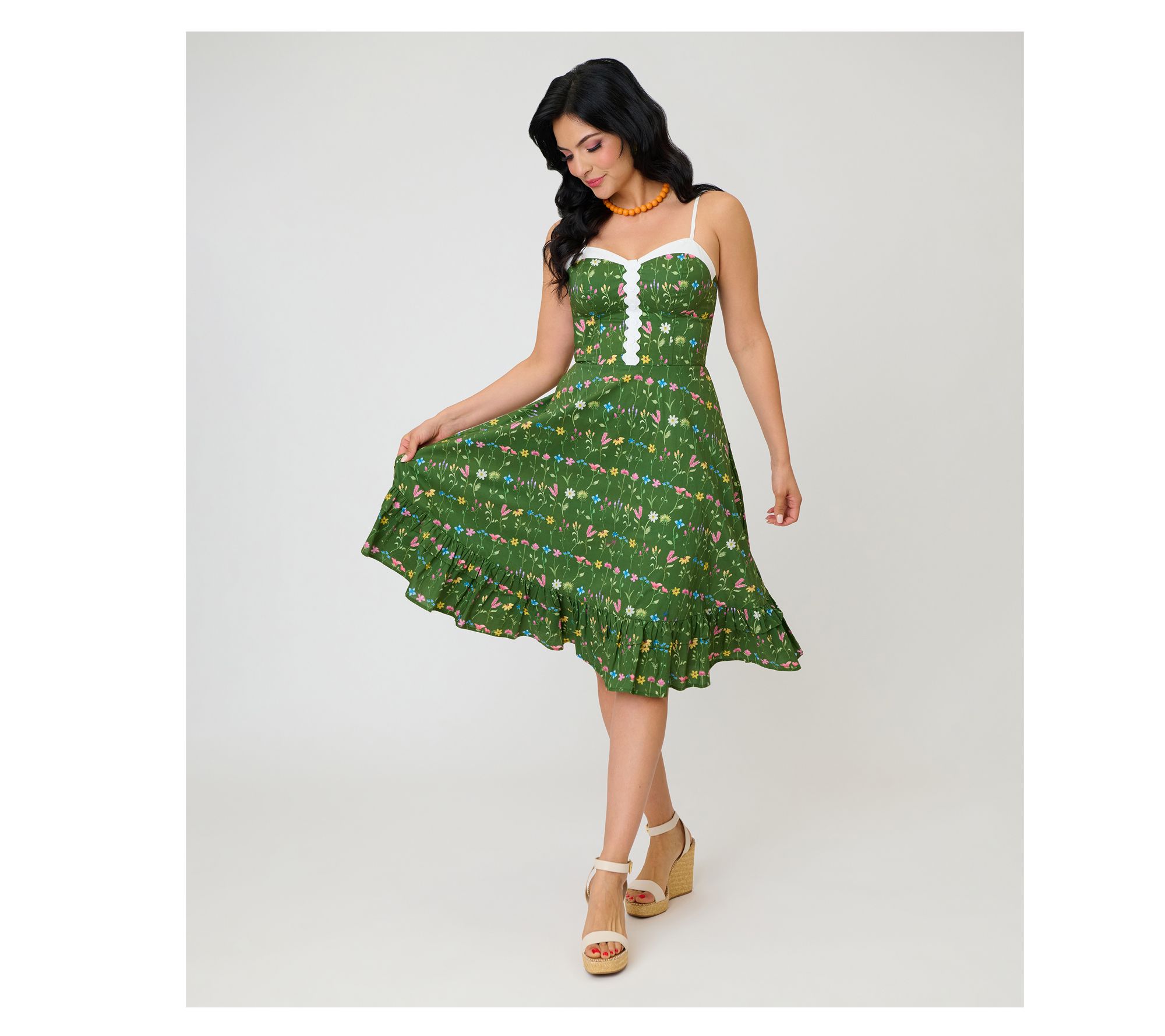 Unique Vintage Green Floral Sweetheart Swing Dress w/ Ruffles