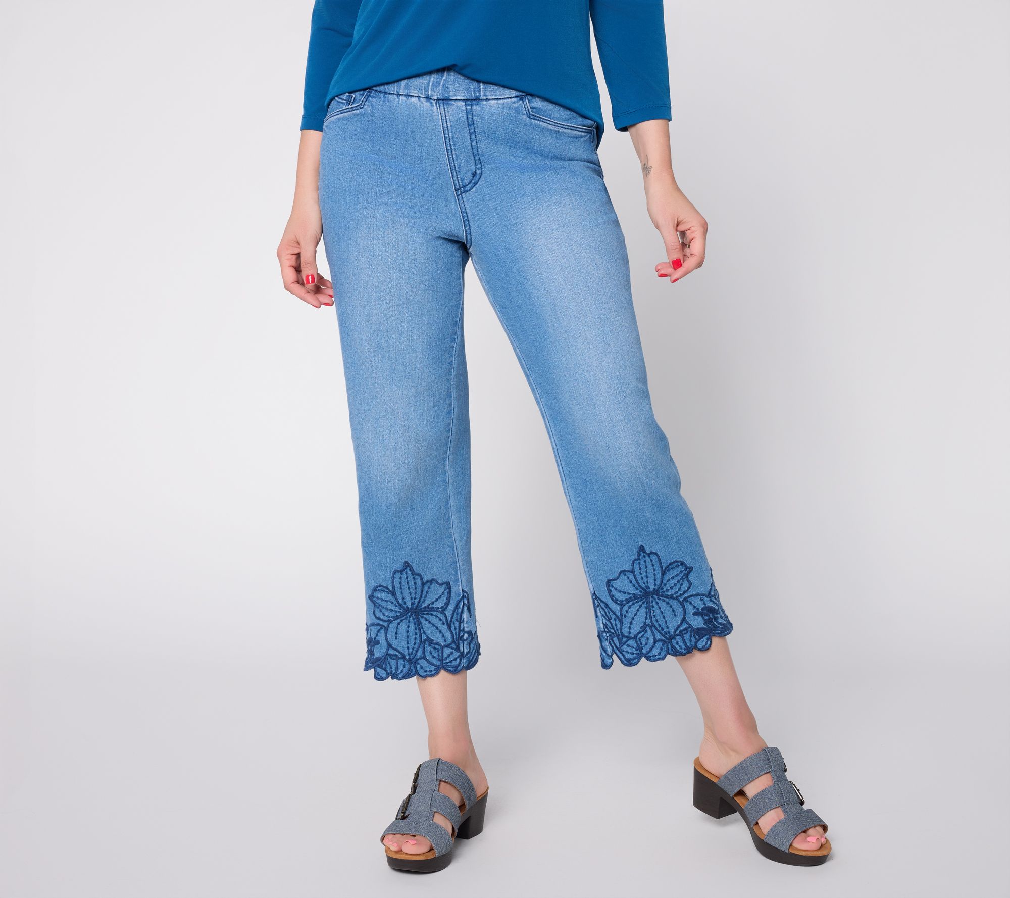"As Is" Susan Graver Regular Stretch Denim Floral Embroidery Jean