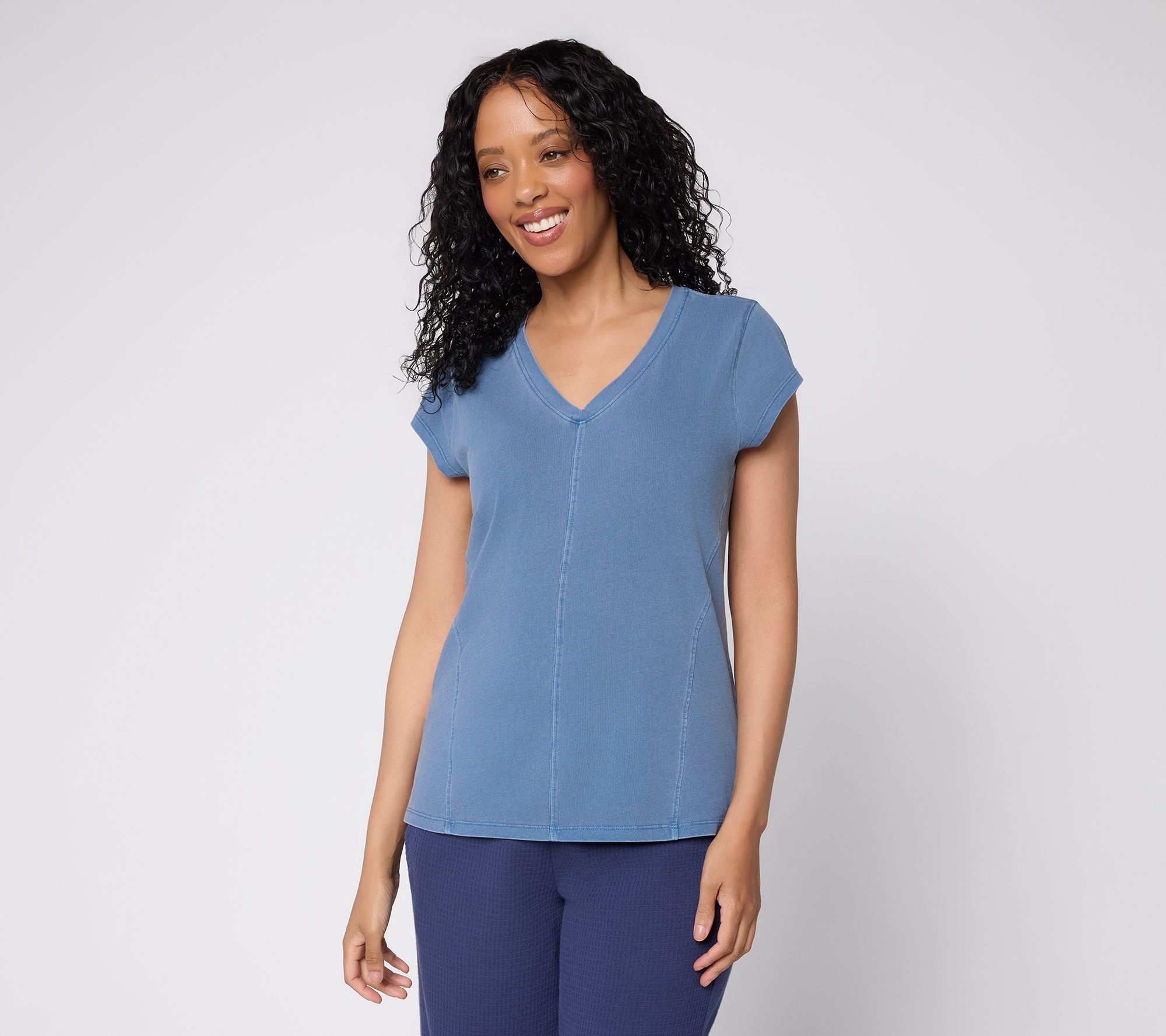 "As Is" AnyBody Washed Cotton V-Neck Seamed Top with Cap Sleeve