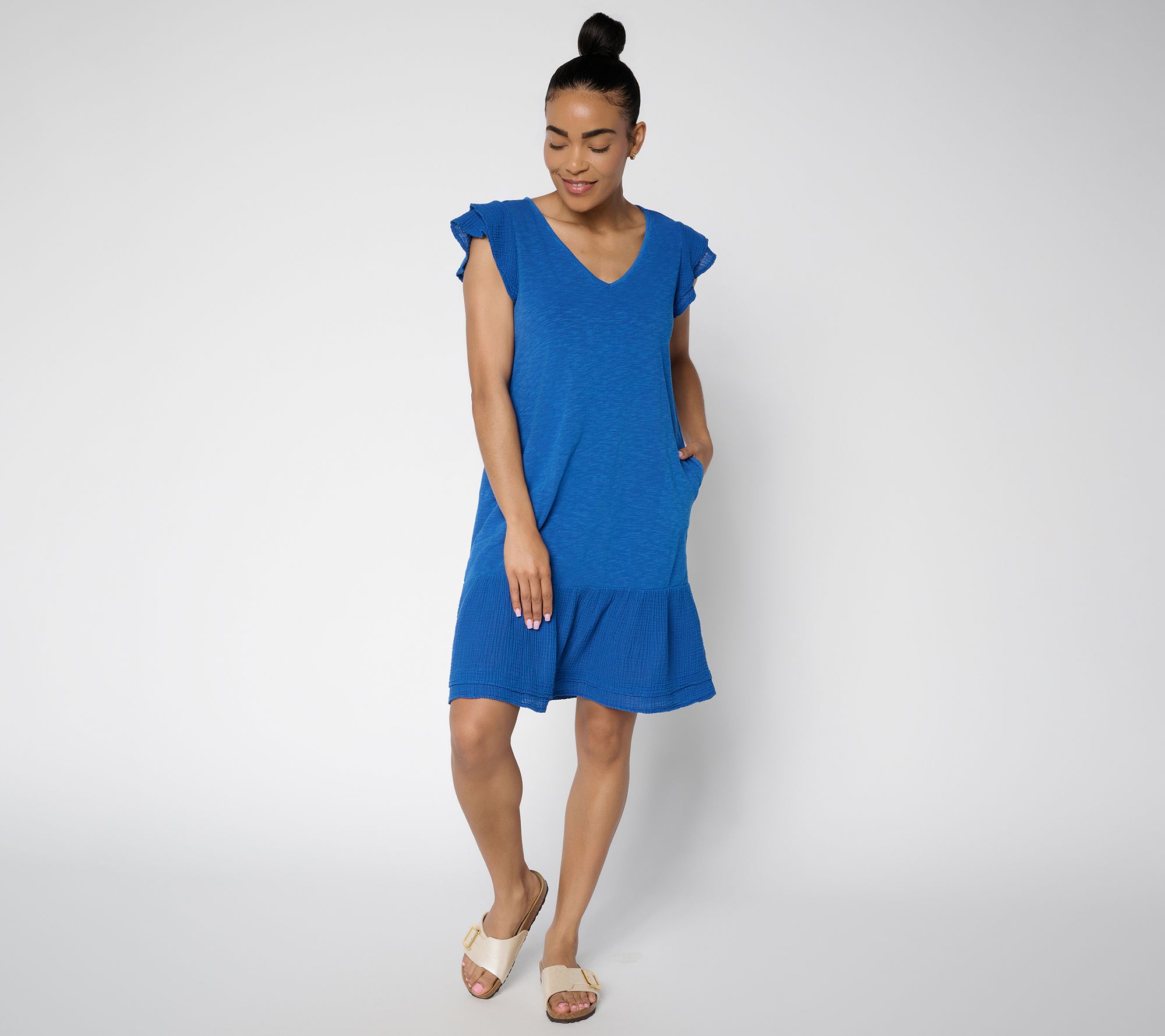  "As Is" AnyBody Tall Cotton Slub Jersey and Gauze Mix Dress