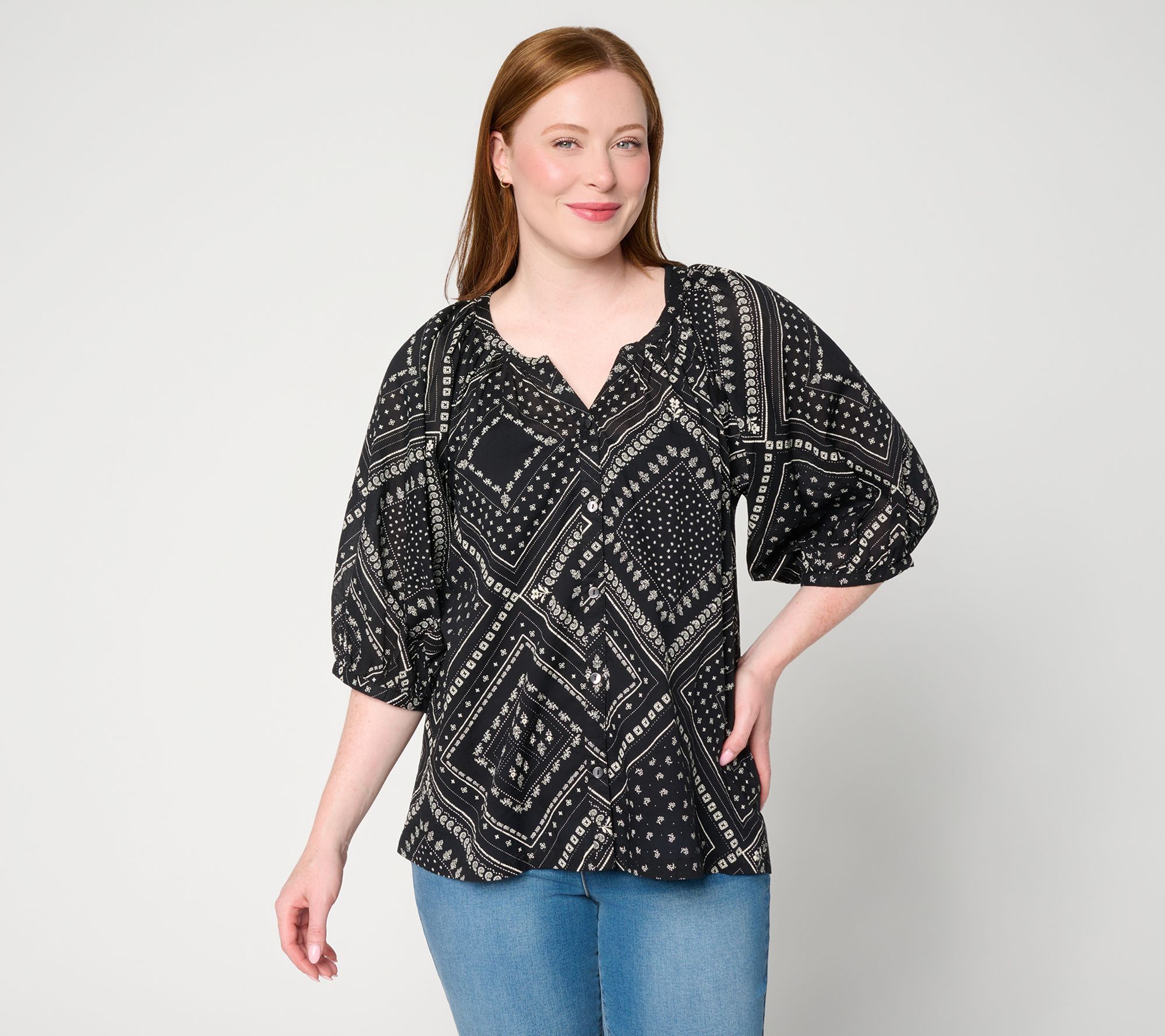 "As Is" Ree by the Pioneer Woman Split Neck Blouson Slv WovenBlouse