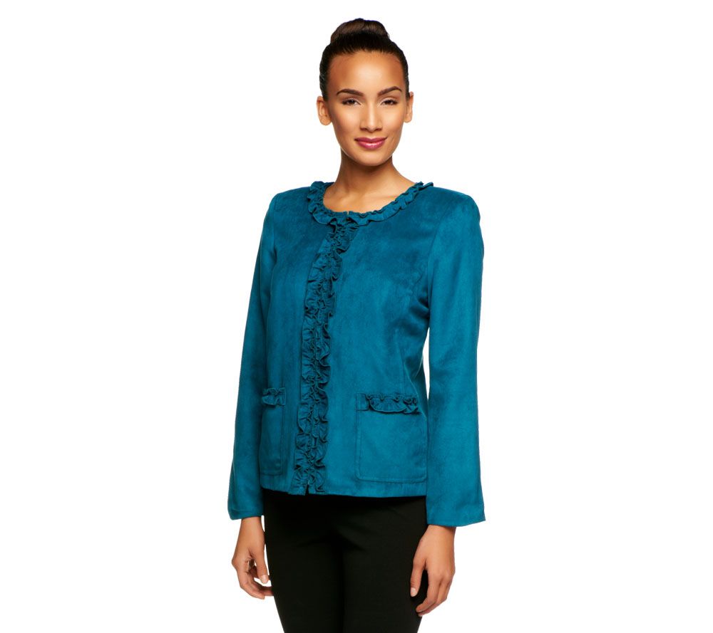 Susan Graver Faux Suede Zip Front Ruffle Jacket - Page 1 — QVC.com