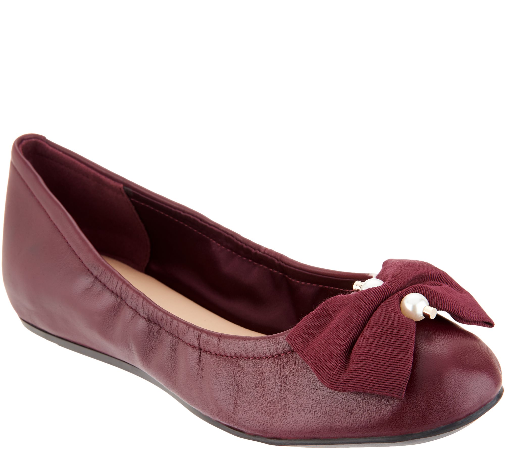 Isaac Mizrahi Live! Leather Ballet Flats with Faux Pearl Bow Detail ...