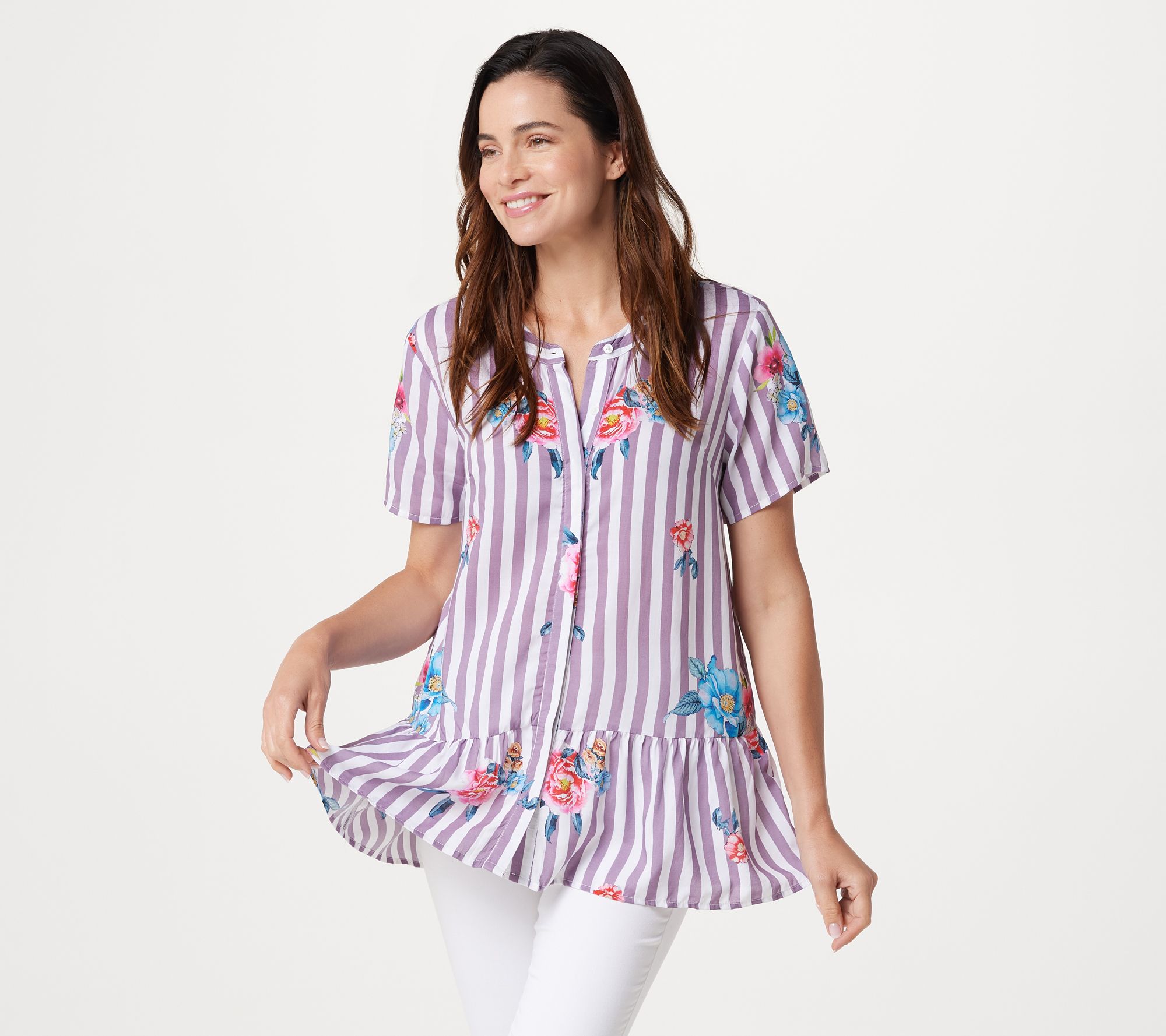 Tolani Collection Petite Printed Button Front Woven Tunic - QVC.com