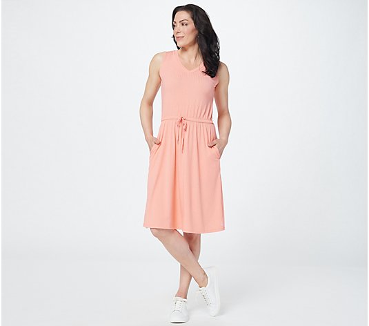 Cuddl Duds Wide Rib V-Neck Shift Dress with Tie-Front Detail