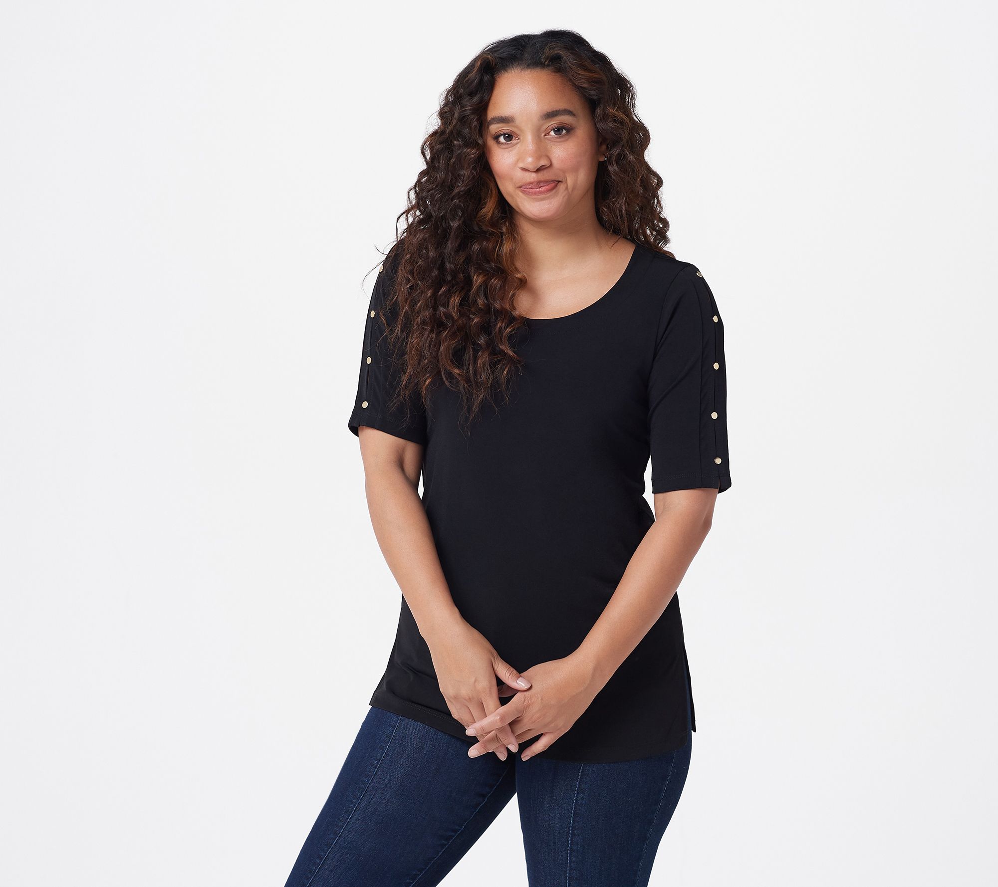 "As Is" Susan Graver Petite Liquid Knit Elbow-Sleeve Tunic