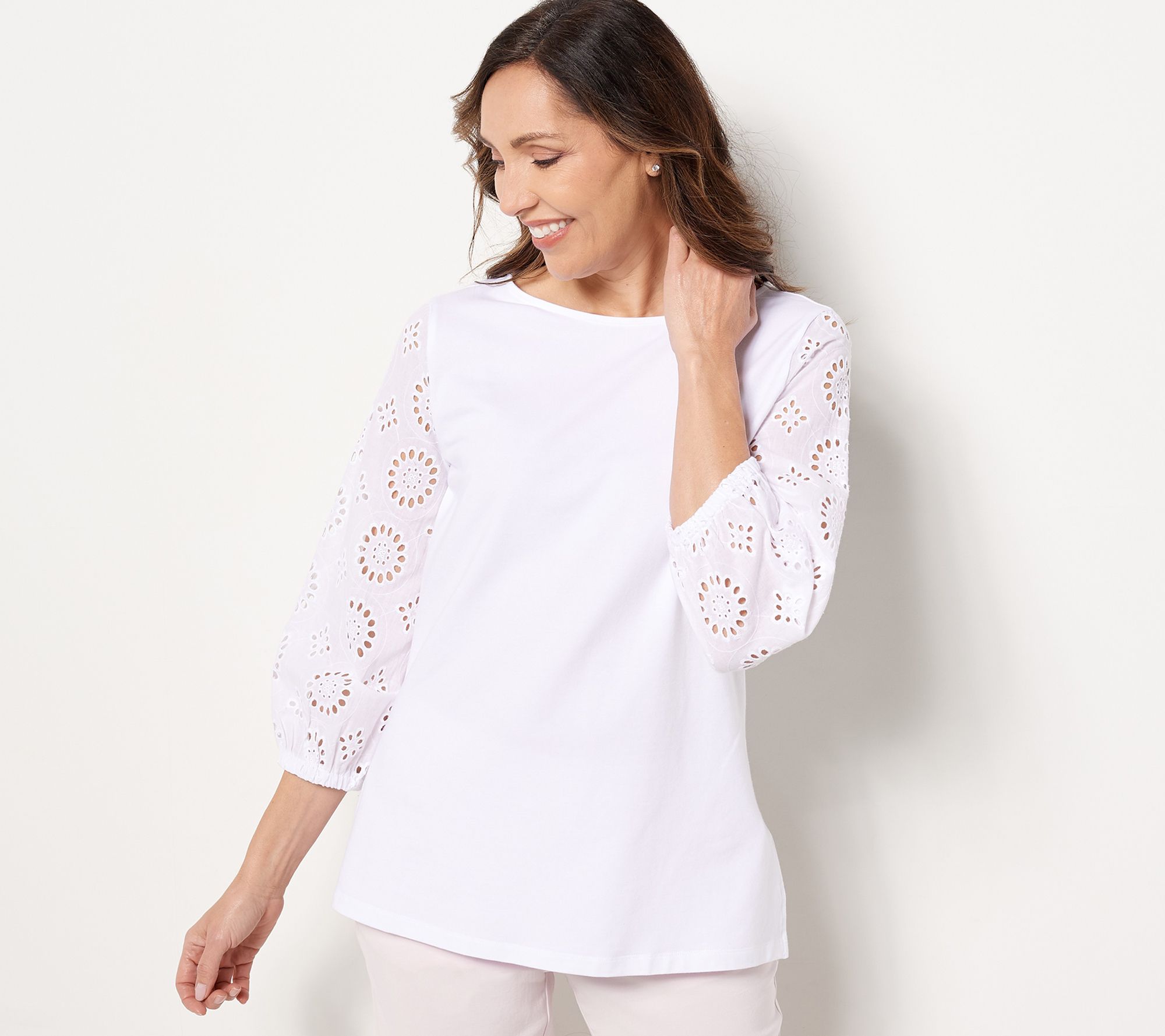 Belle by Kim Gravel TripleLuxe Knit 3/4 Eyelet Sleeve Top