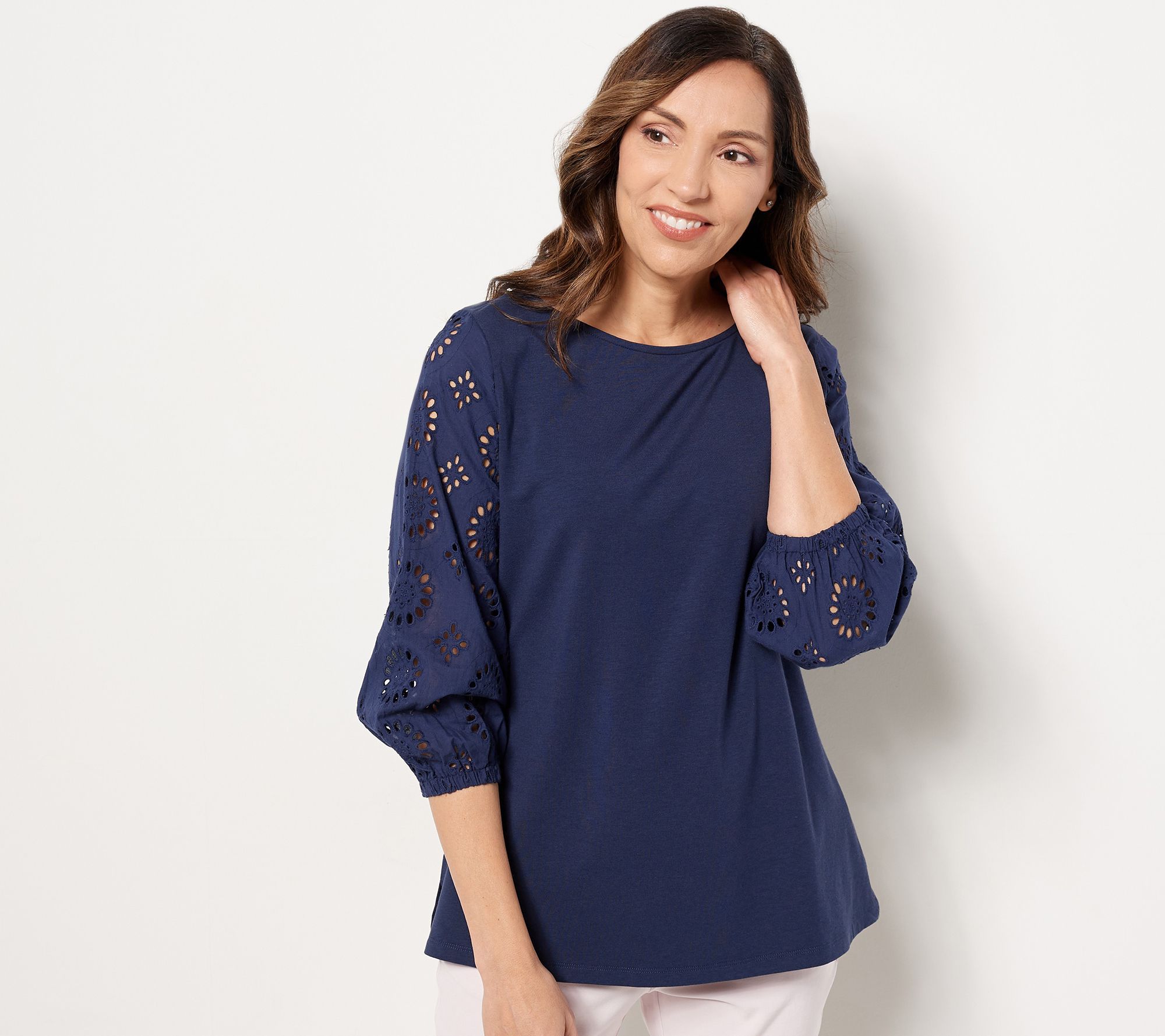 Belle by Kim Gravel TripleLuxe Knit 3/4 Eyelet Sleeve Top