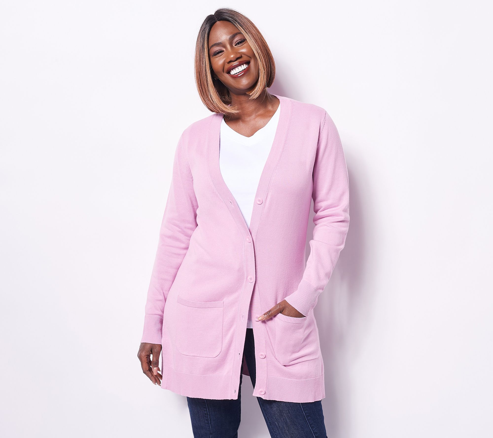 Isaac Mizrahi Live! Button Front Cardigan With Patch Pockets