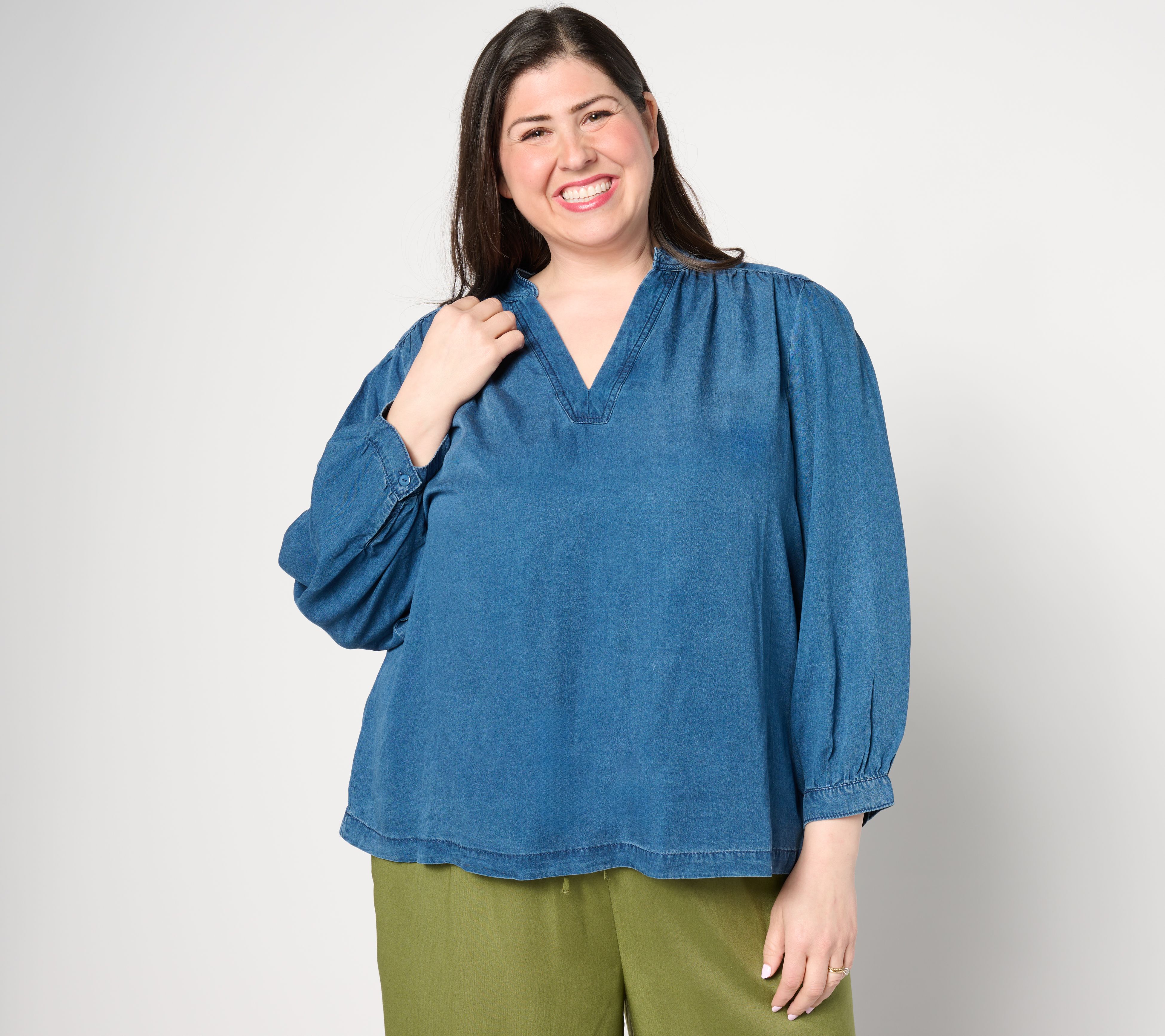 BEAUTIFUL by Lawrence Zarian Puff Sleeve Denim Blouse- Indigo