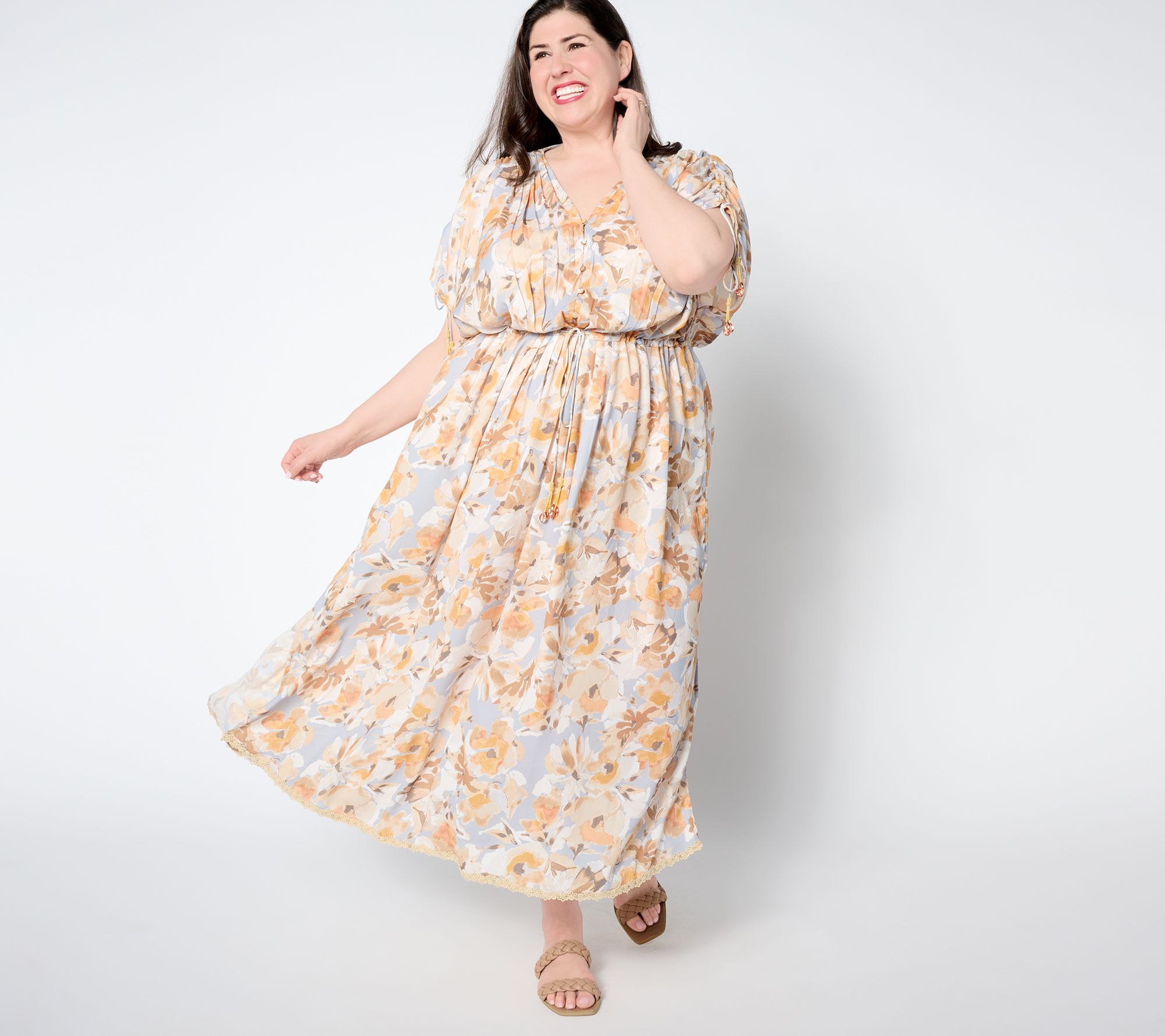Susan Graver Passport Regular Woven Maxi Dress with Beaded Trim